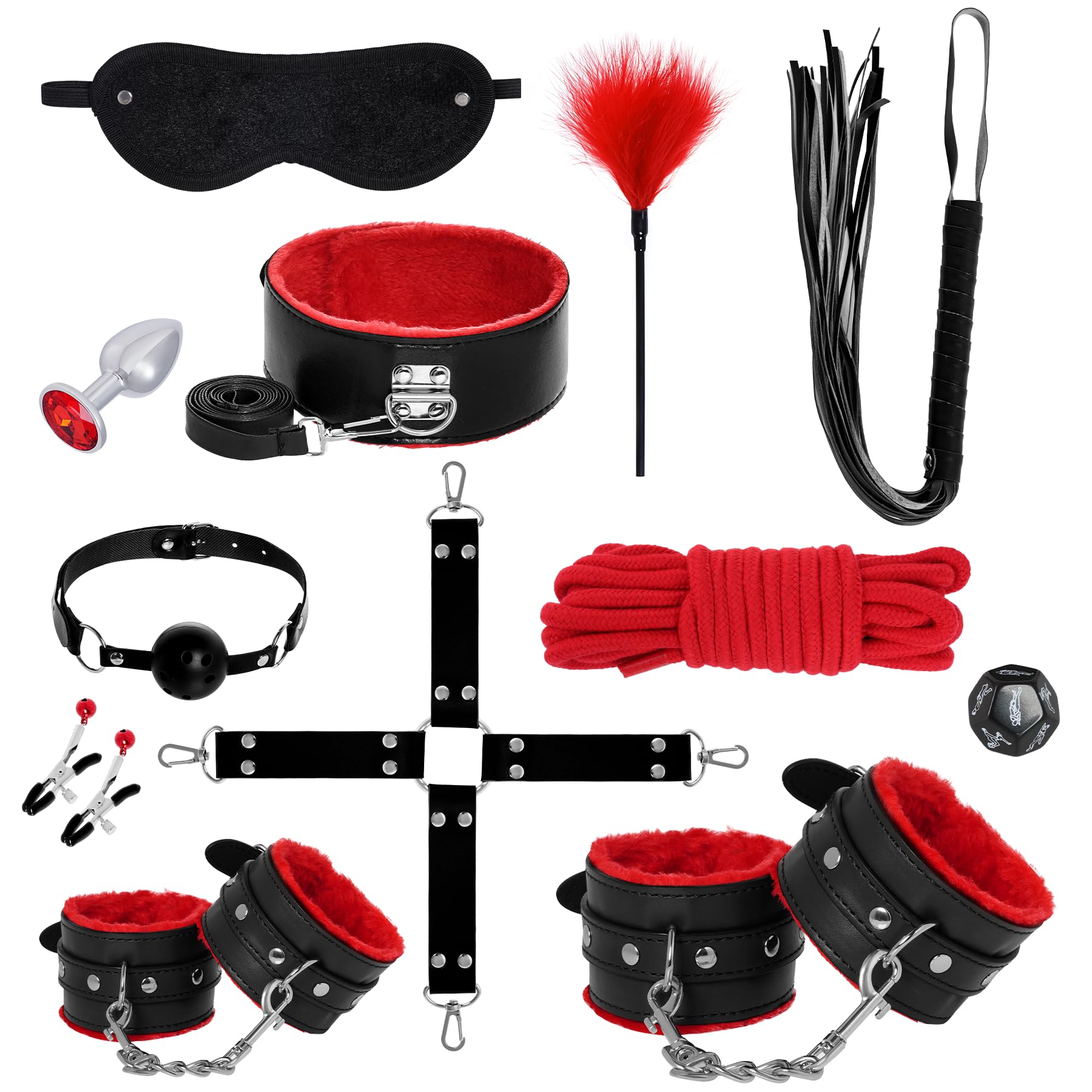 Rbenxia 12 PCS Sex Bondage BDSM Restraints Kits Fetish Handcuffs Ankle Cuff Collar Blindfold Whip Rope Nipple Clamps