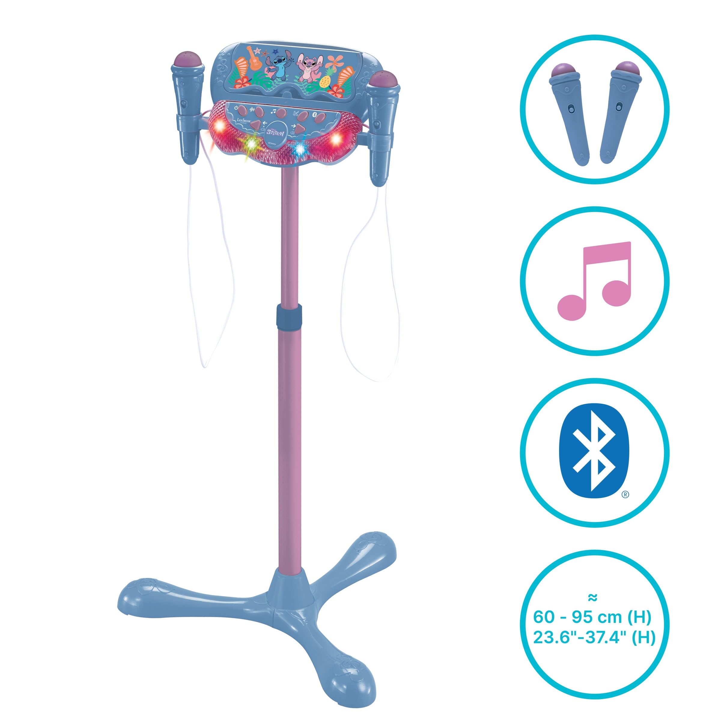 Lexibook Stitch, Altoparlante Luminoso su Supporto per Bambini, Gioco Musicale, Altezza Regolabile, Effetti di Luce, 2 microfoni Inclusi, Ingresso MP3, Bluetooth, Blu, S160D