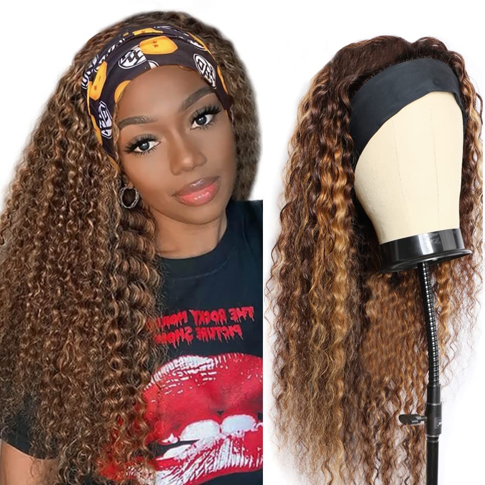 Image of XSY Deep Wave Headband Wig Human Hair Highlight Ombre Headband Wigs for Black Women Curly Headband Wig 4 /27# 150% Density 24 Inch