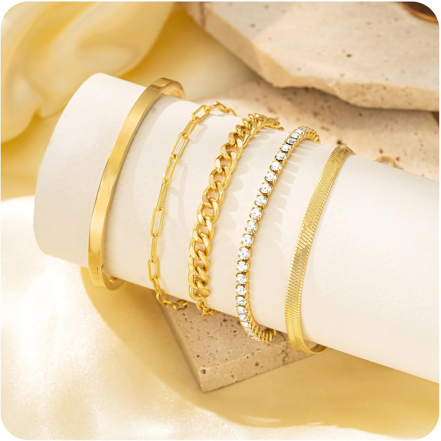 Gold Bracelets for Women Trendy, 14K Gold Plated Stackable Adjustable Charm Paperclip Chain Cuban Link Layered Waterproof Jewelry Bracelet Set Gift - Image 7