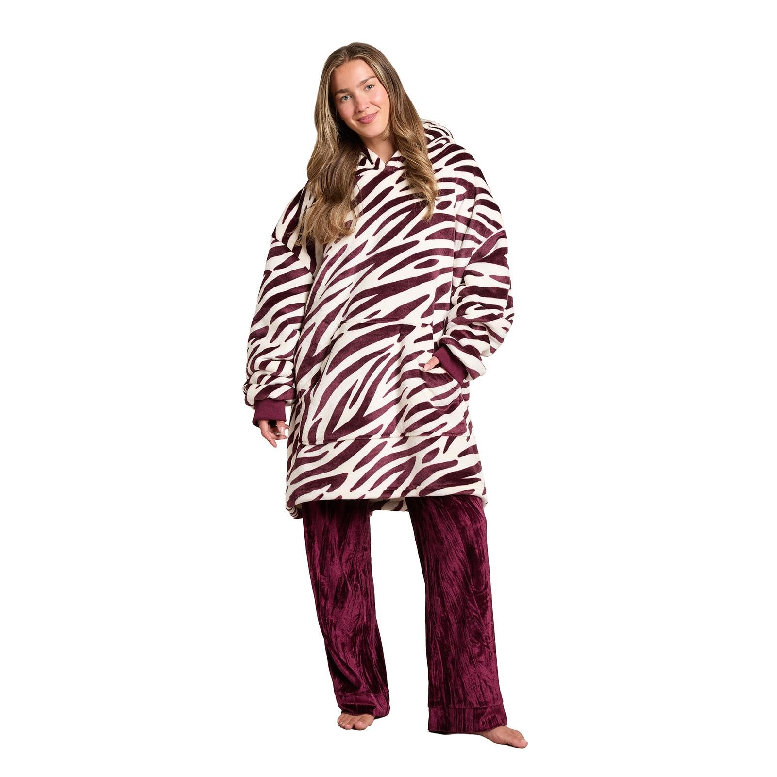 OHS Hoodie Blanket Sherpa Fleece Oversized Hoodie, Zebra Burgundy/Cream