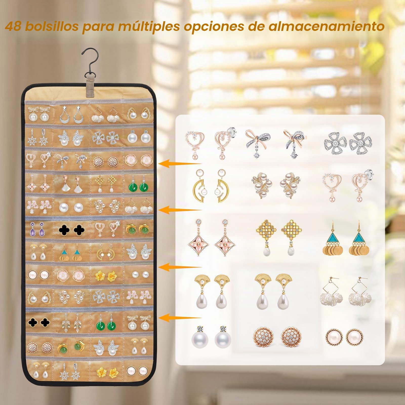 Organizador de Joyas Colgante Doble Cara 48 Bolsillos Ganchos Metal para Armario Pendientes Collares Anillos