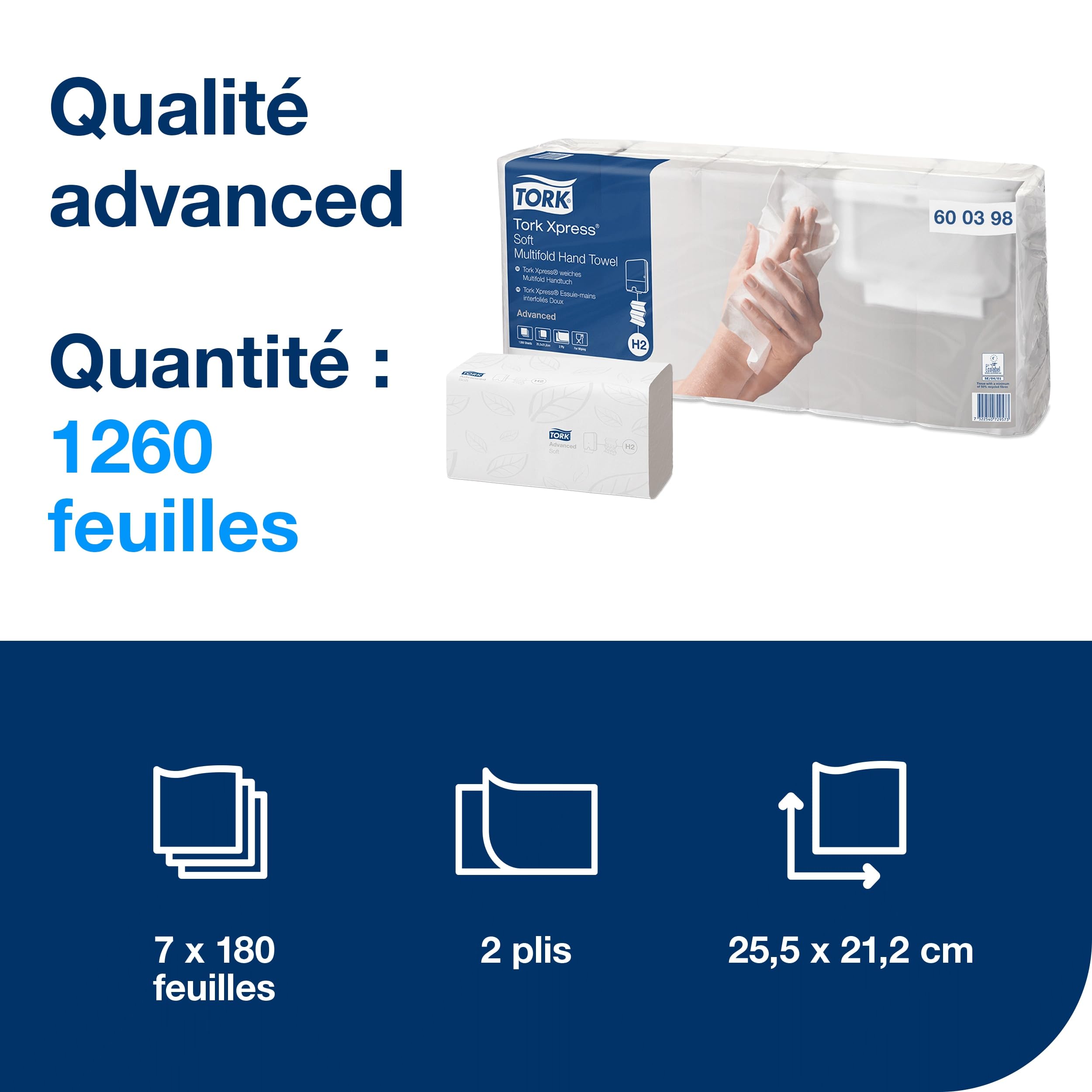Tork Xpress Essuie-mains interfoliés doux blancs H2, 2 pli, 7 x 180 serviettes, 8.5cm x 21.2cm chaque, 600398