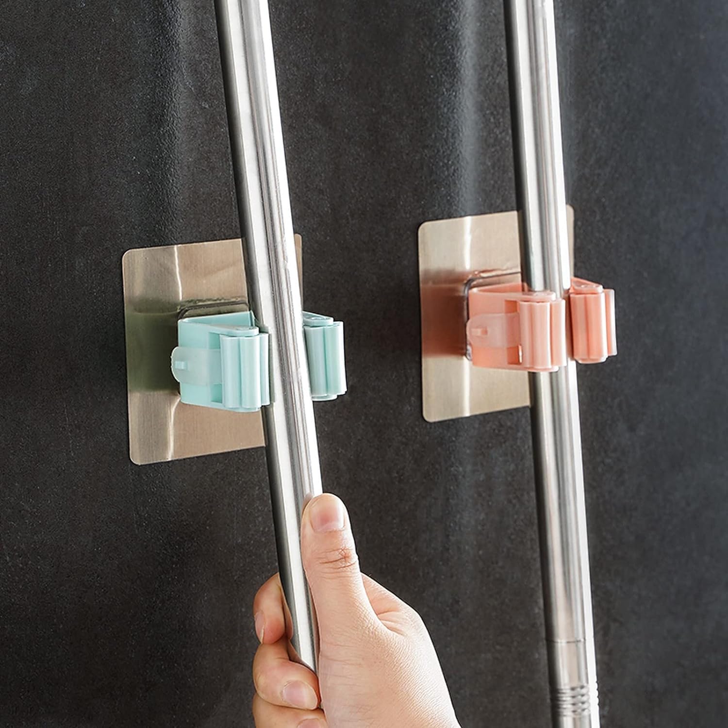 Mop Holder Self-Adhesive Hooks | Multipurpose Wall Mount Broom Holder | Waterproof Plastic with Steel & Metal Shelves for Bathroom & Kitchen | Pack of 3 (Multicolour)-picture-30