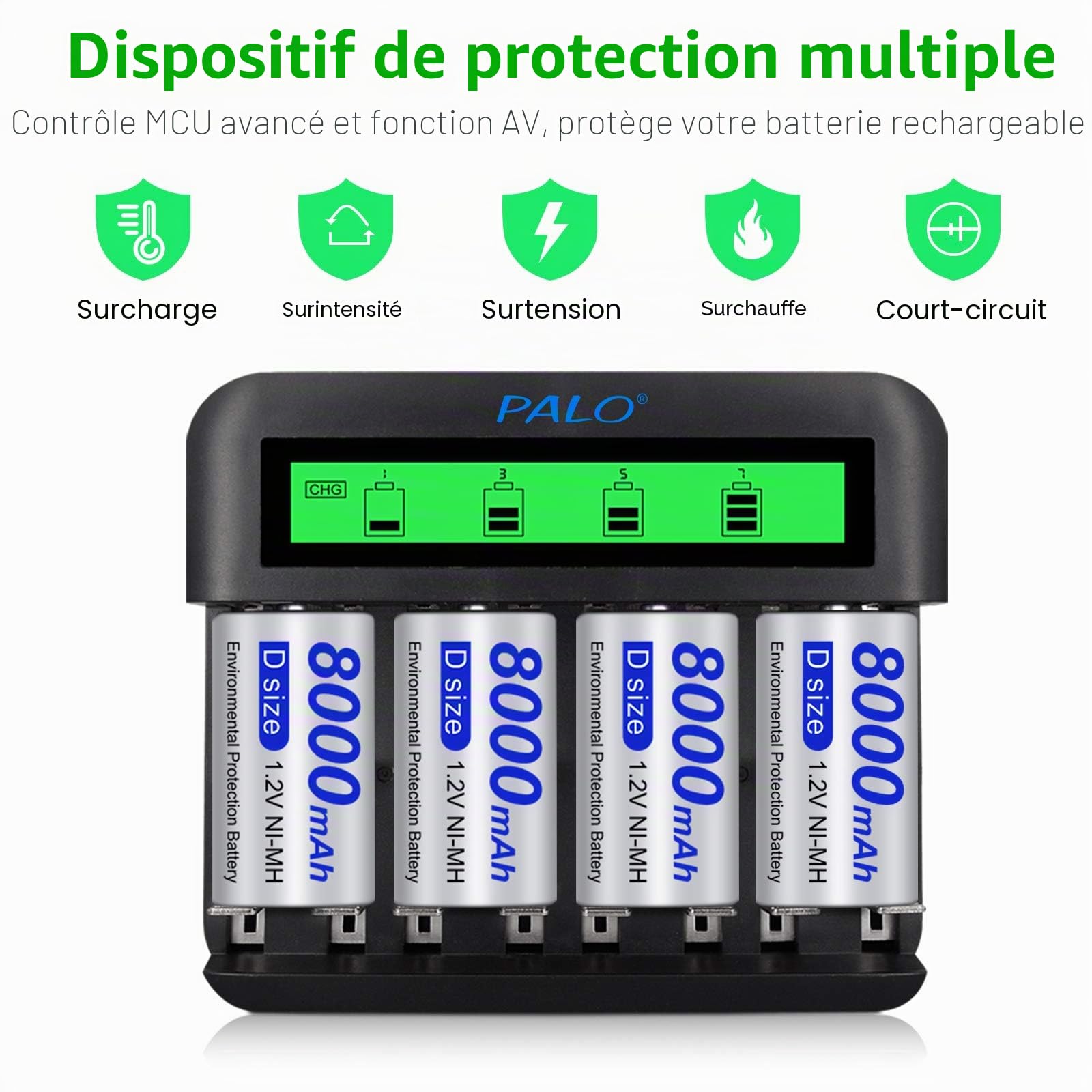 CITYORK Chargeur Universel LCD, pour Batteries 8 AA/AAA ou 4 C/D, Canal de Charge indépendant Via Chargeur Rapide - avec 4 Piles D 8000mAh NI-MH