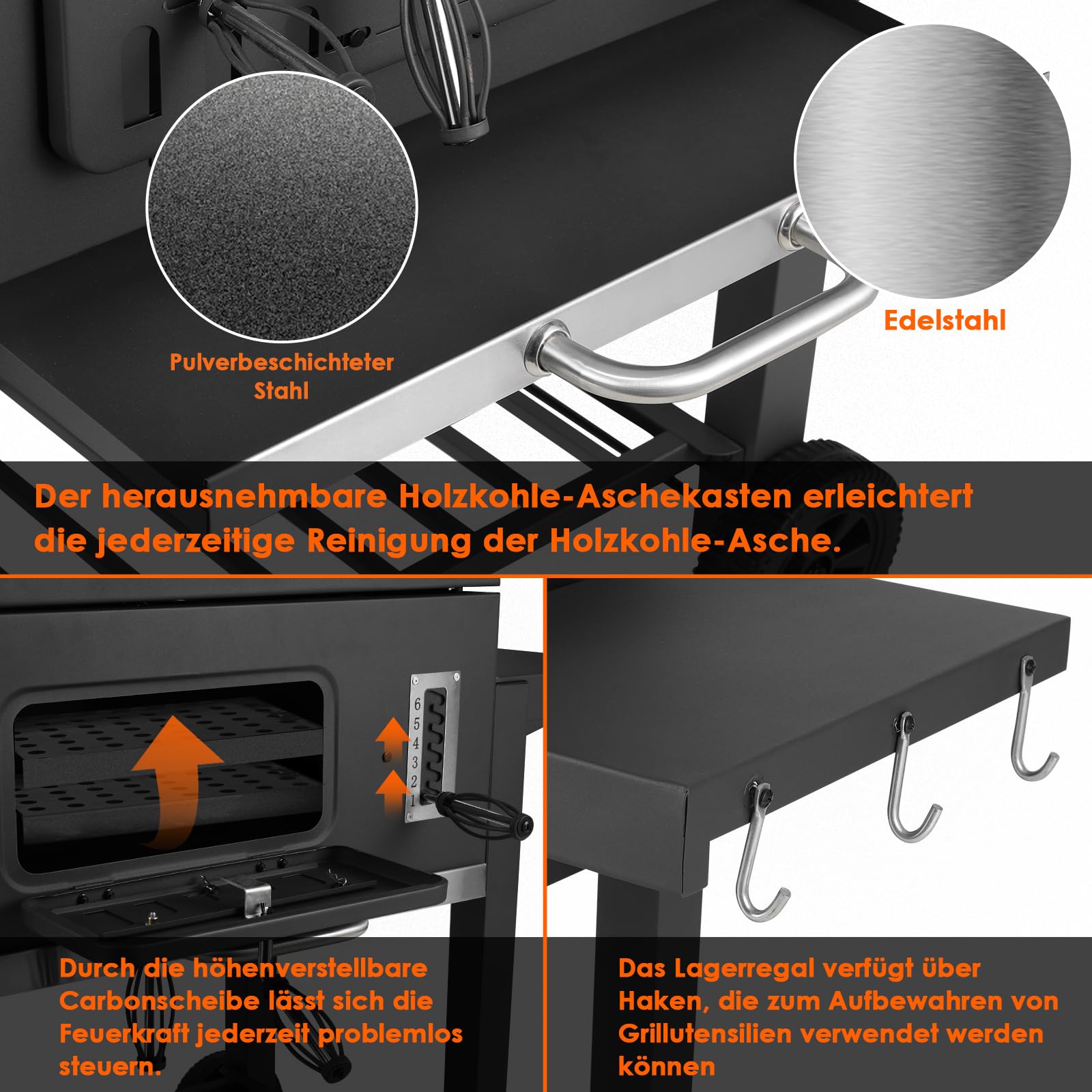 TLSUNNY Barbecue Carbonella XXL con Coperchio e Termometro, Ripiani Pieghevoli, Griglia BBQ Carbonella Grigio