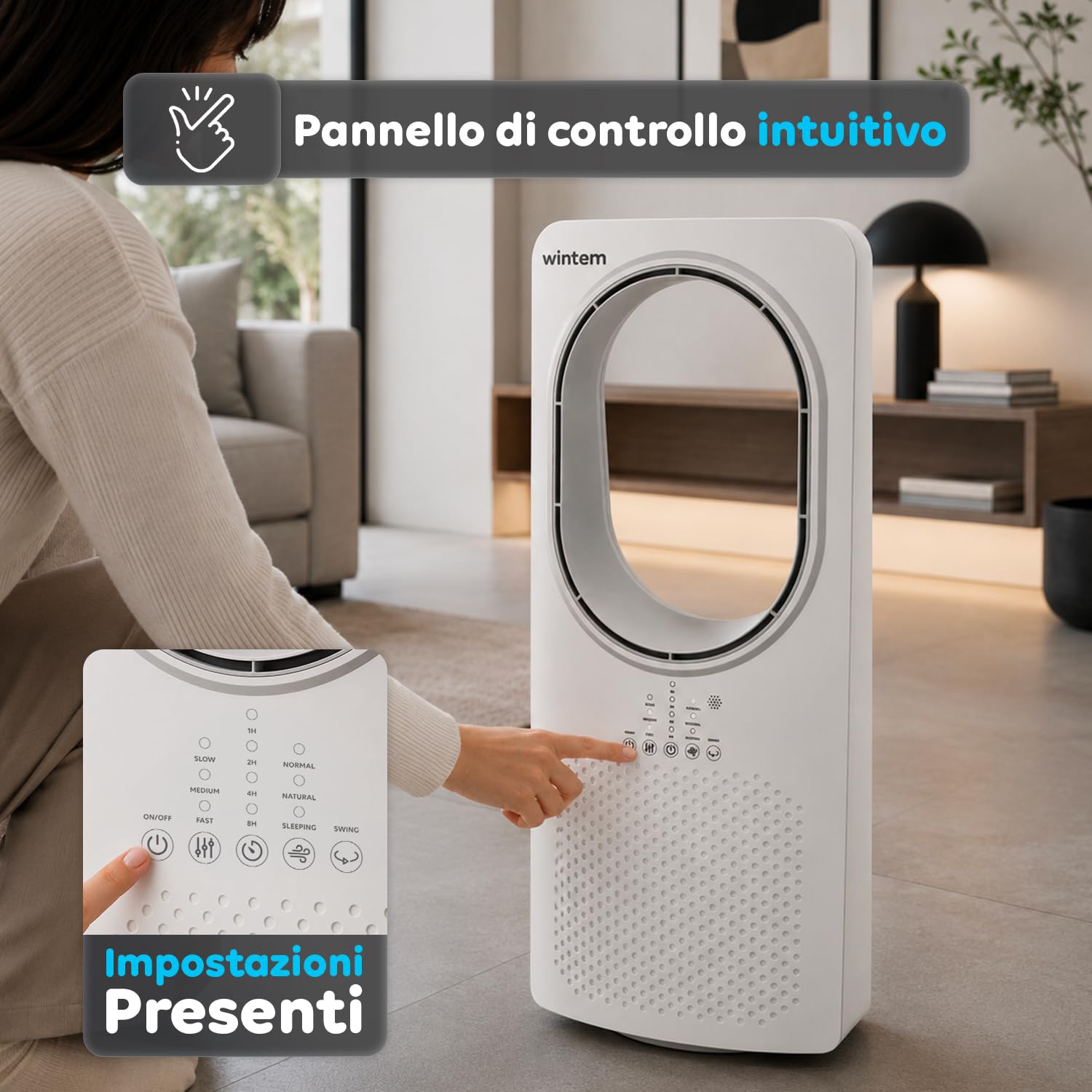 Wintem - Ventilatore a Torre Silenzioso Freezy Senza Pale con Telecomando, 3 Velocità, 3 Modalità, Timer 15 Ore e Oscillazione, Ventilatore da Terra con Display LED e Comandi Touch Intuitivi