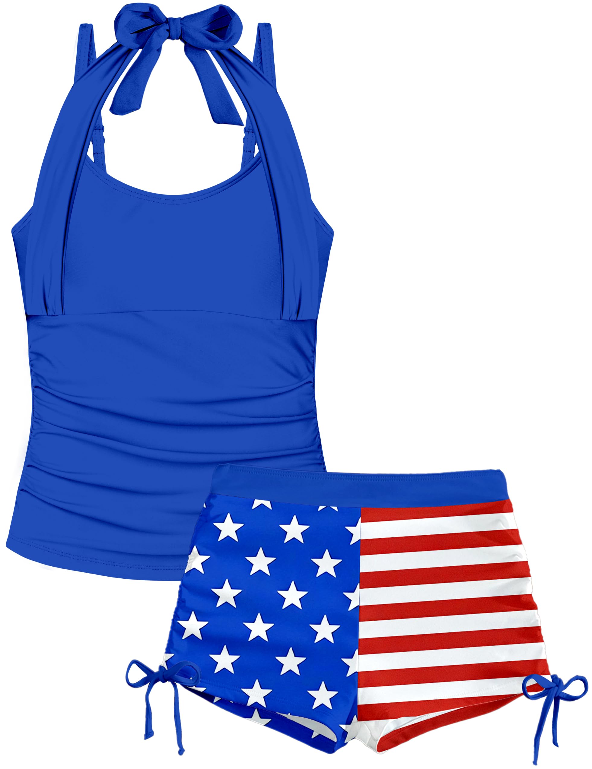 Girls Swimsuit 2 Piece Halterneck Girls Tankini Swimsuit Drawstring Printed Swim Shorts Girl Bathing Suit for 7-18T
