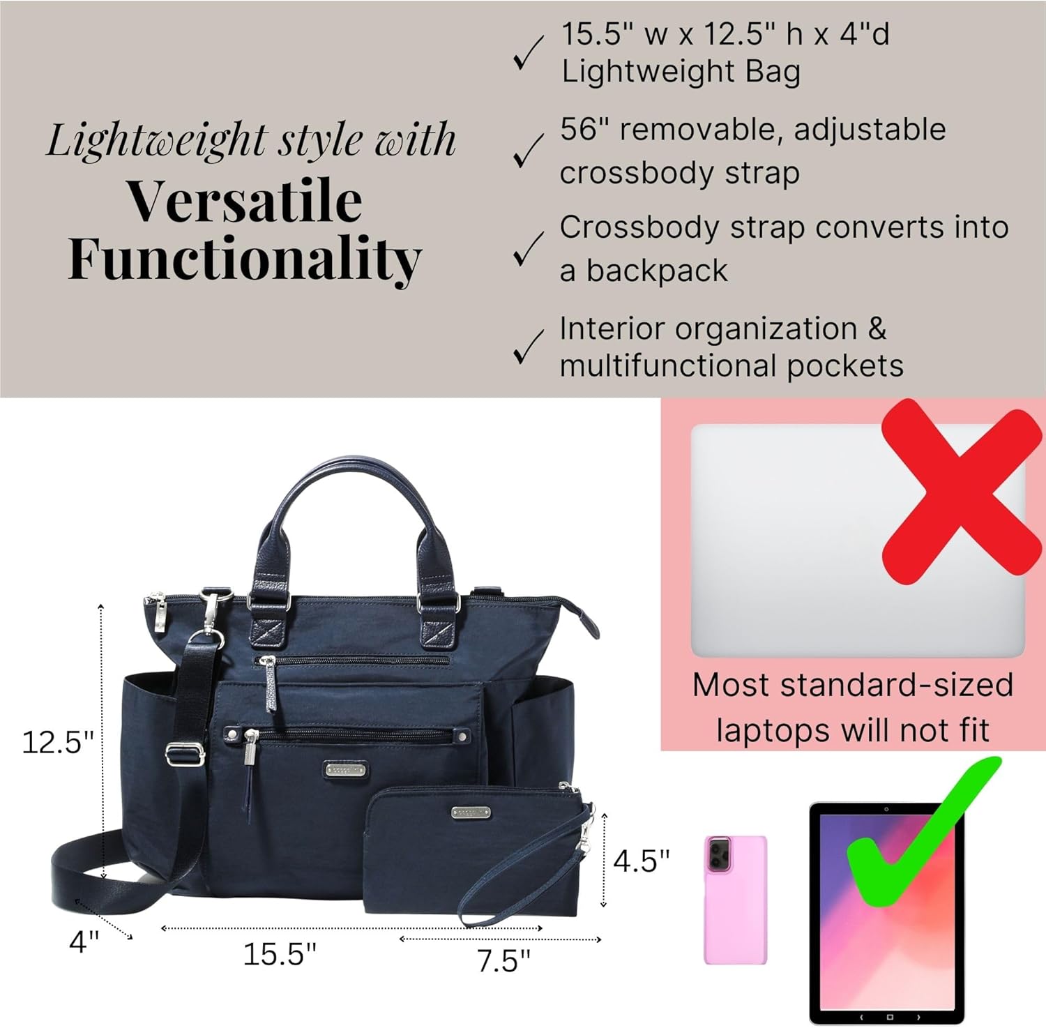 Baggallini 3-in-1 Convertible Backpack Tote Handbag - 15x12" Lightweight Travel Bag w/ RFID Phone Wristlet