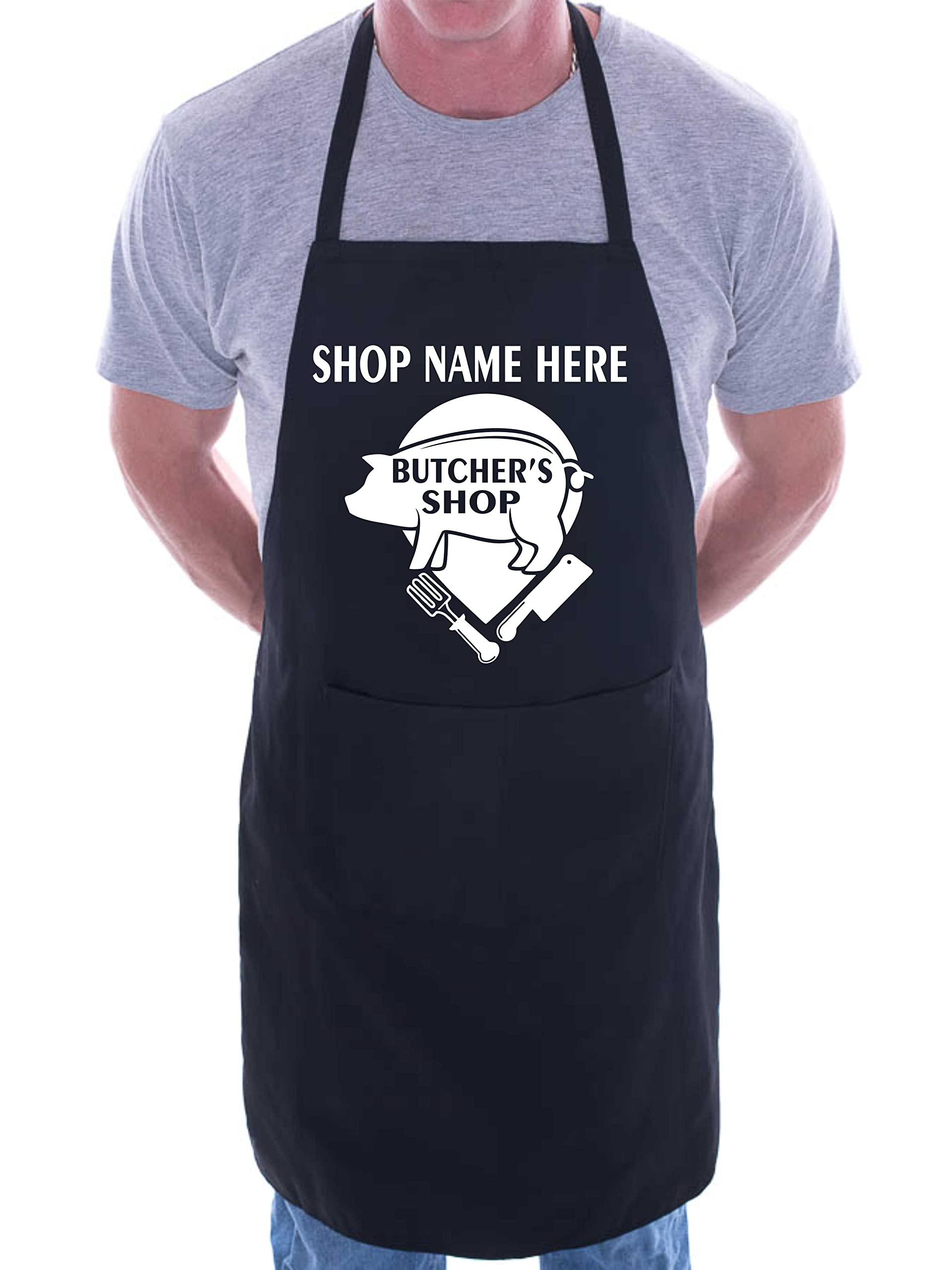 Print4u Unisex Black Personalised Apron Butchers Shop Add Shop Name Here Butchery