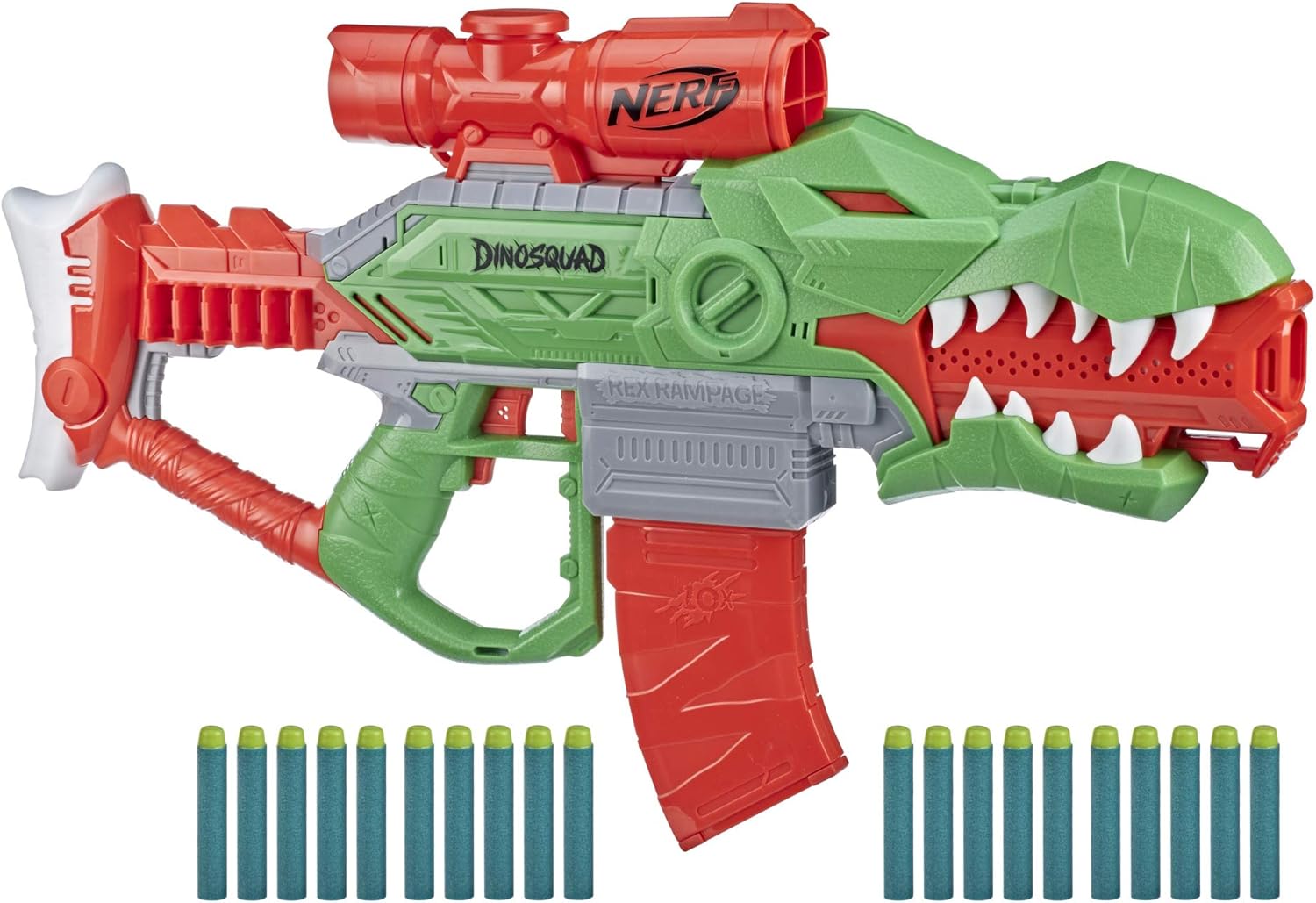 NERF DinoSquad Rex-Rampage Motorized Dart Blaster, 10-Dart Clip, 20 Official Darts, 10-Dart Storage- T-Rex Dinosaur Design : Toys & Games