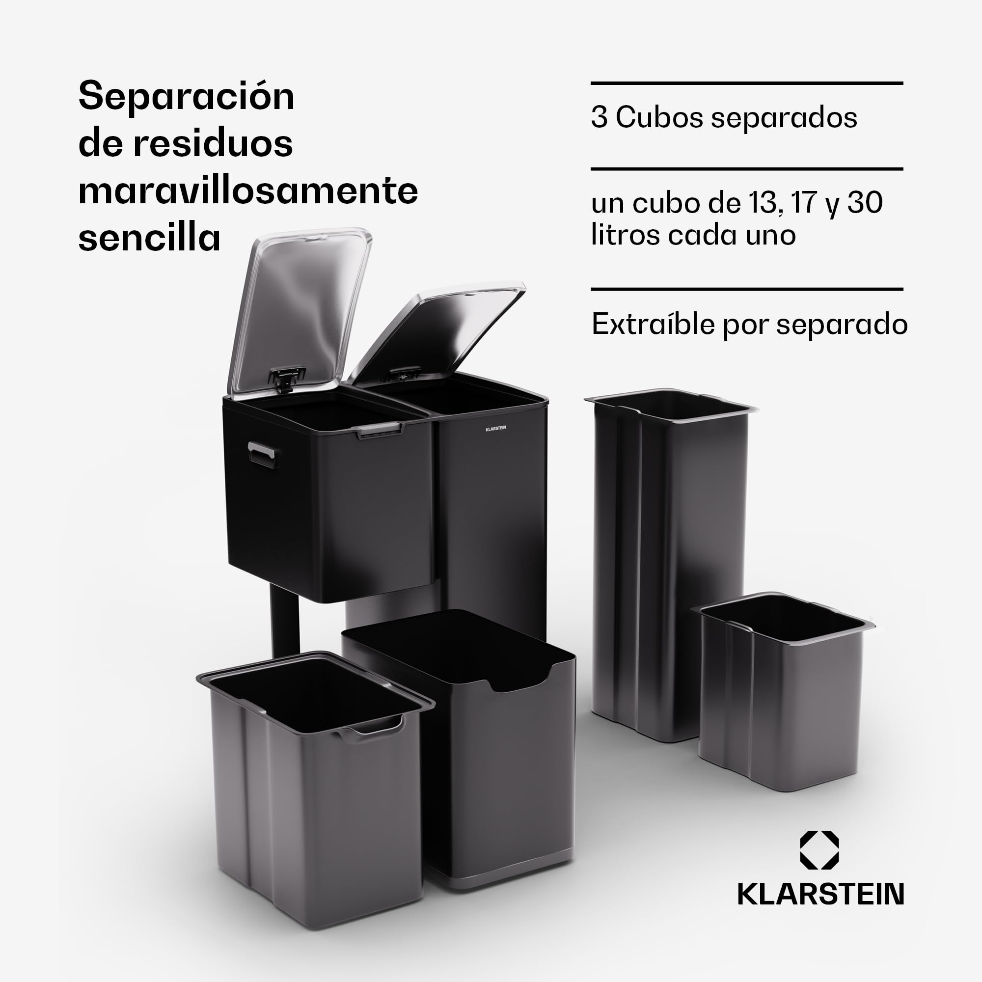 KLARSTEIN Tiyo 3 en 1 Cubo de Basura Cocina - 60L separación de residuos con Pedal y Tapa Soft-Close, Cuerpo de Acero Inoxidable, Cubos extraíbles, Pegatinas para Reciclaje