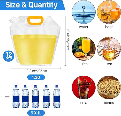Miniatura 2 de Paquete de 12 bolsas plegables de agua de 1.3 galones, contenedor de agua plegable de emergencia sin BPA, jarra de almacenamiento de plástico de