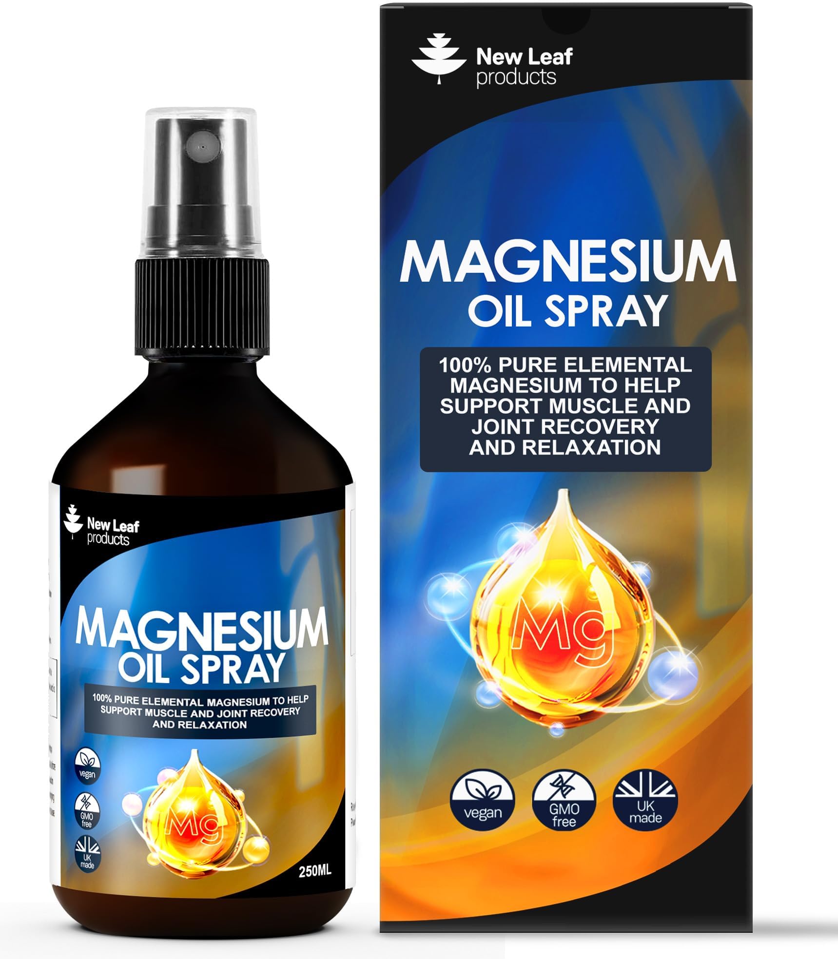 Magnesium Oil Spray - 100% Pure Elemental Magnesium Sleep Spray XL Size 250ml Joints and Aching Muscles - Vegan with 115mg Magnesium Chloride Per Serving - Made in The UK By New Leaf