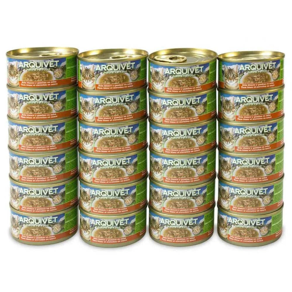 ARQUIVET - Latas súper Premium de atún Blanco con gamba en Salsa para Gatos - Comida Gourmet elaborada con Ingredientes 100% Naturales - Pack 24 Unidades - 80 gr por Unidad - Comida húmeda para Gatos