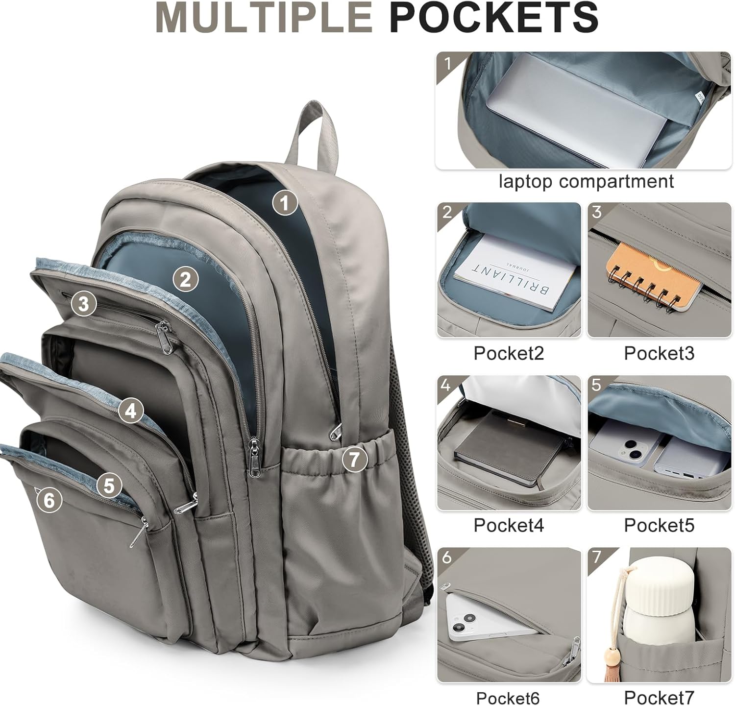 College Backpack For Women Men,Lightweight High School Bag,School Backpack With Lots Of Pockets,Cute Bookbag For Teens Boys Girls,Casual Daypack Backpack For School(Gray Brown) - Image 5