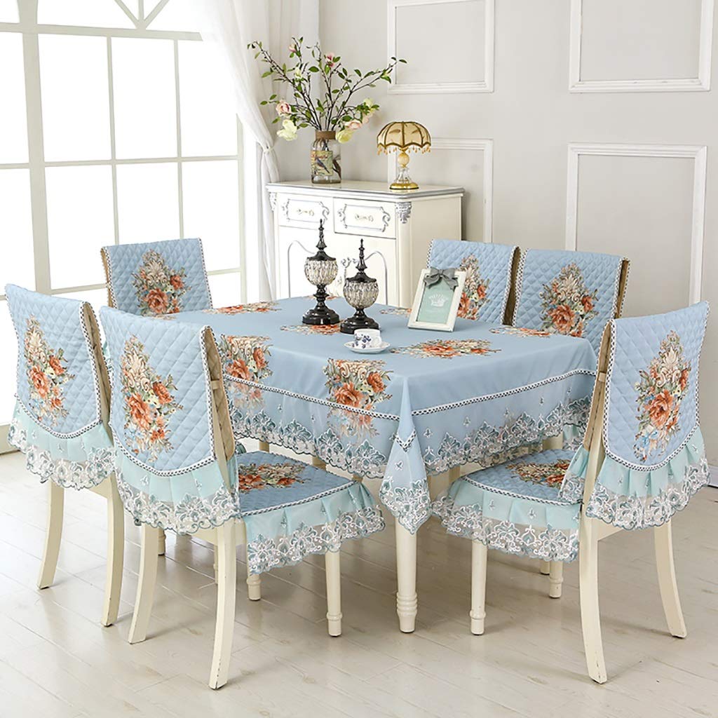 Nappe de dentelle rectangulaire motif fleurs oranges et son ensemble de housses pour chaise