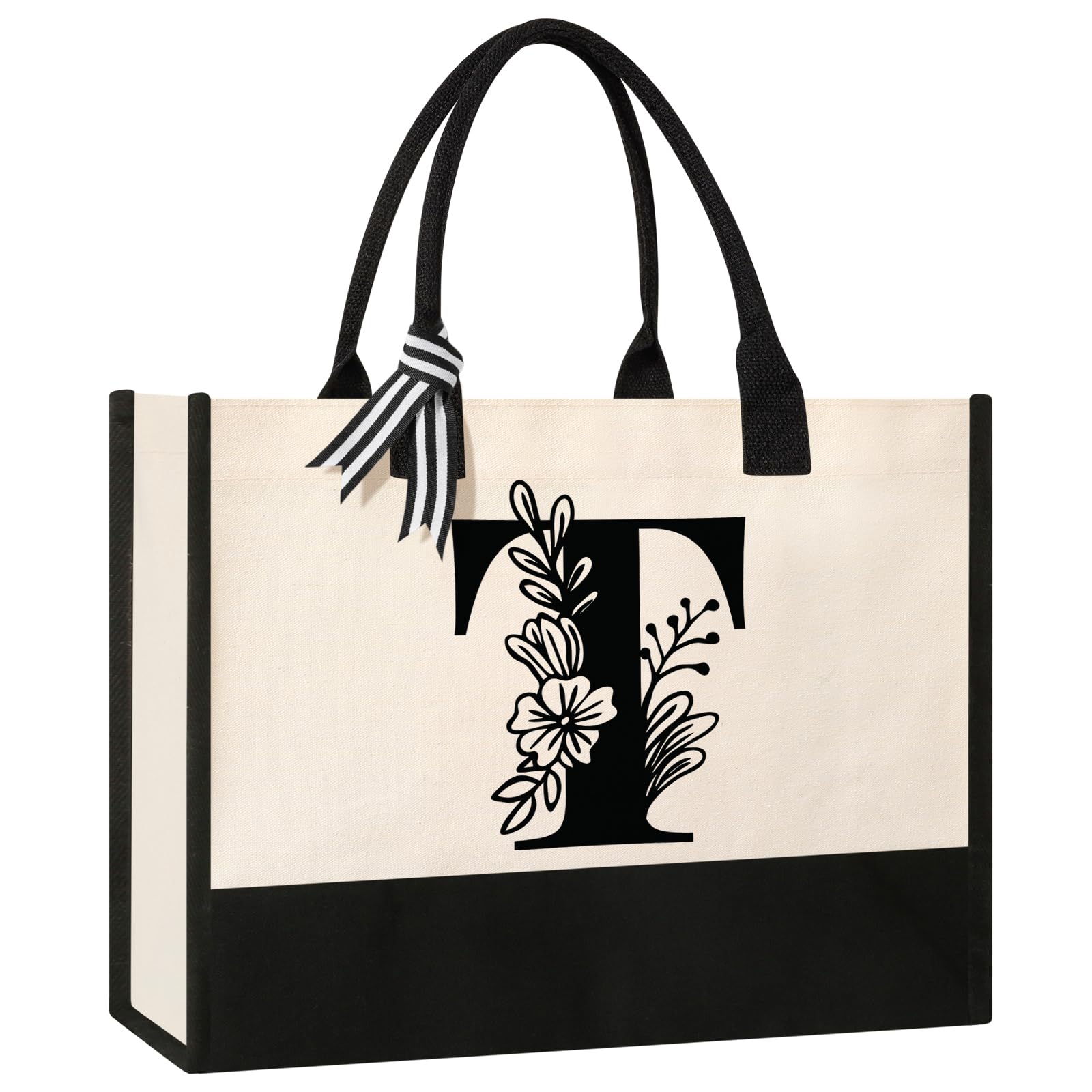 Tecanne Personalized Initial Canvas Tote Bag, Suitable for Birthday, Wedding, Beach, Holiday, Gifts for Women, Mom, Teachers, Nurses, Best Friends,