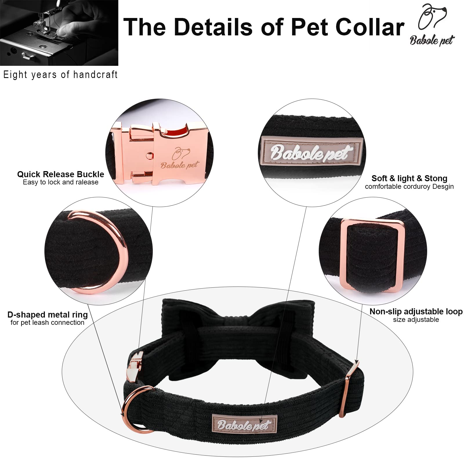 Premium Hundehalsband mit Fliege, doppellagiges Cord-Hundehalsband mit Sicherheits-Metallschnalle, verstellbar, breit, große Halsbänder für kleine,61 cm, Schwarz