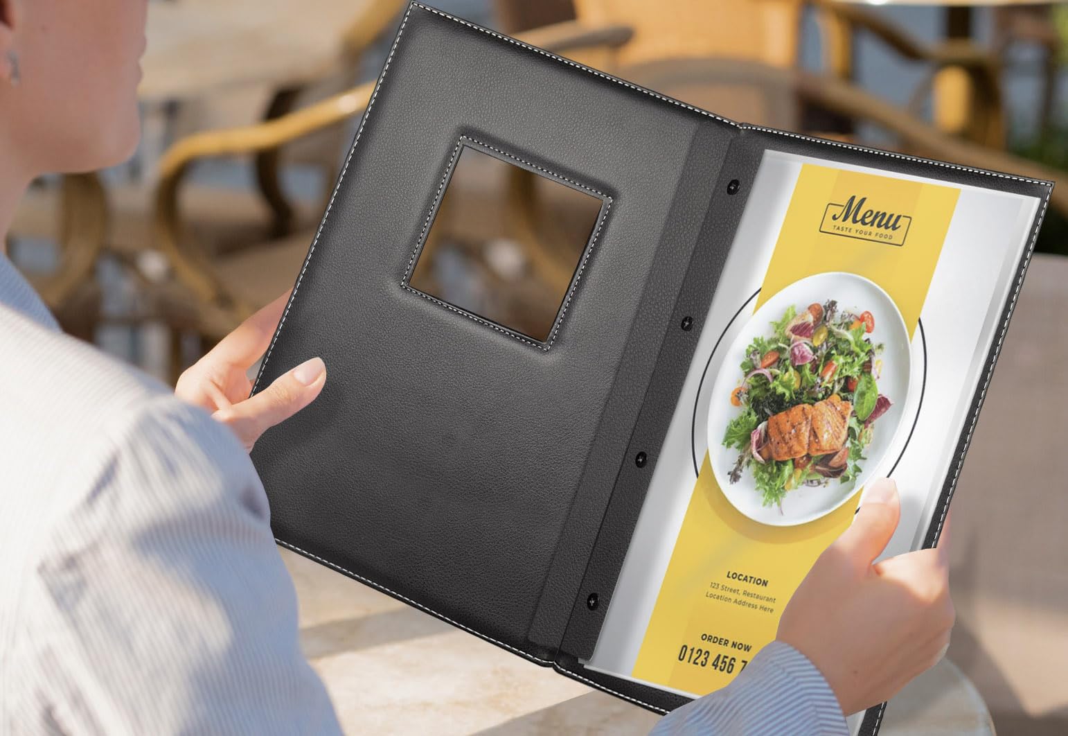 Menühalter für Restaurant mit Fenster A4, hochwertig, Kunstleder, Schwarz
