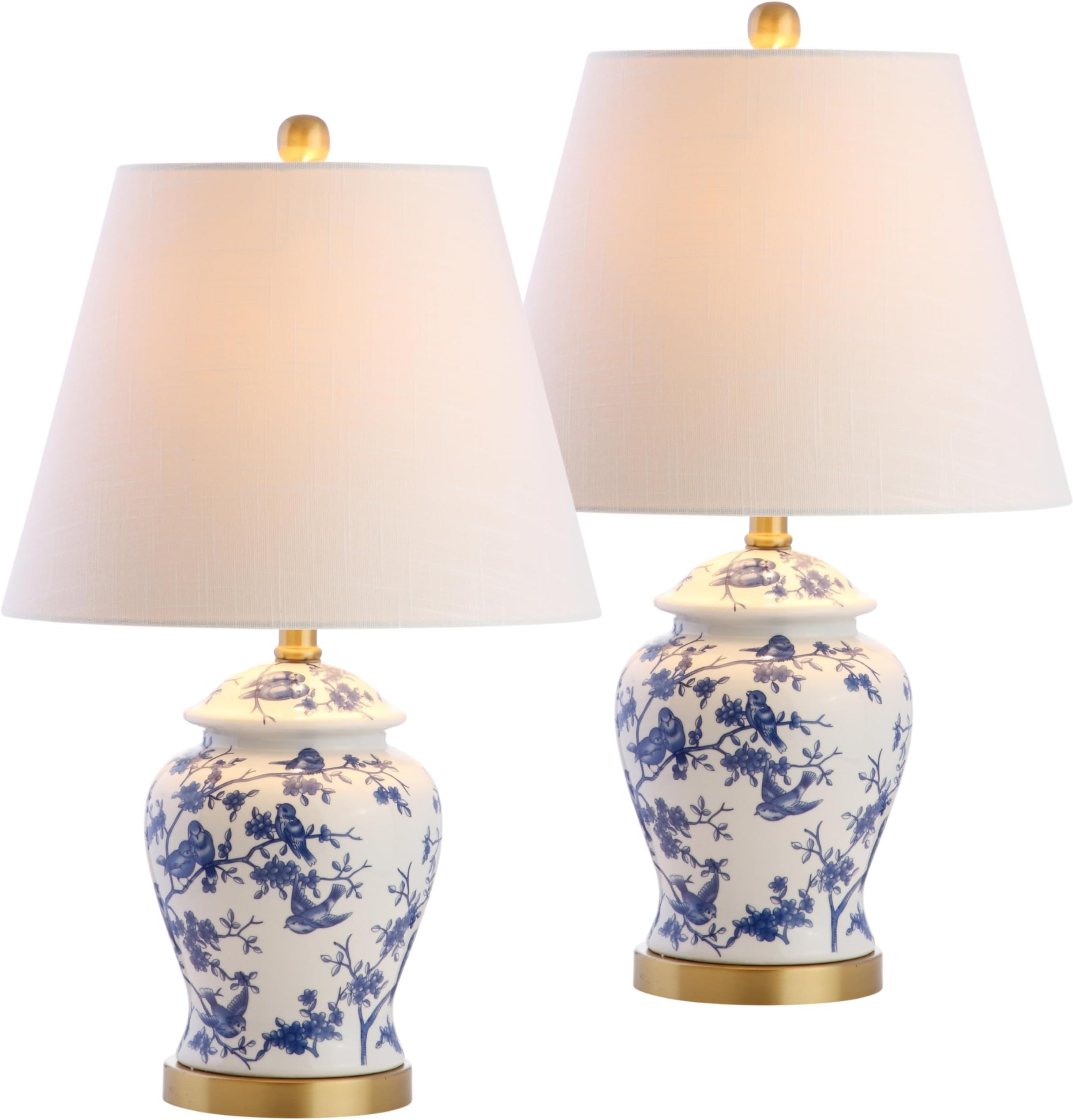 22" Blue/White Ceramic Table Lamp, French Country Chinoiserie Ginger Jar LED Bedside Lamp for Living Room Bedroom, White Linen Shade (JYL3005A-SET2)