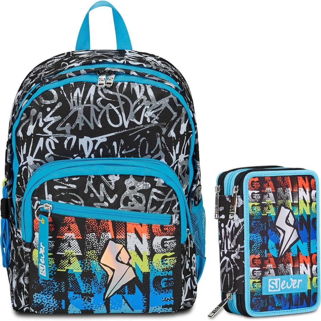SJ Ever Set Zaino Scuola con Astuccio, Nero e Azzurro, Design Graffiti, Doppio Scomparto con Tasca Porta Borraccia, Astuccio 3 Zip Completo