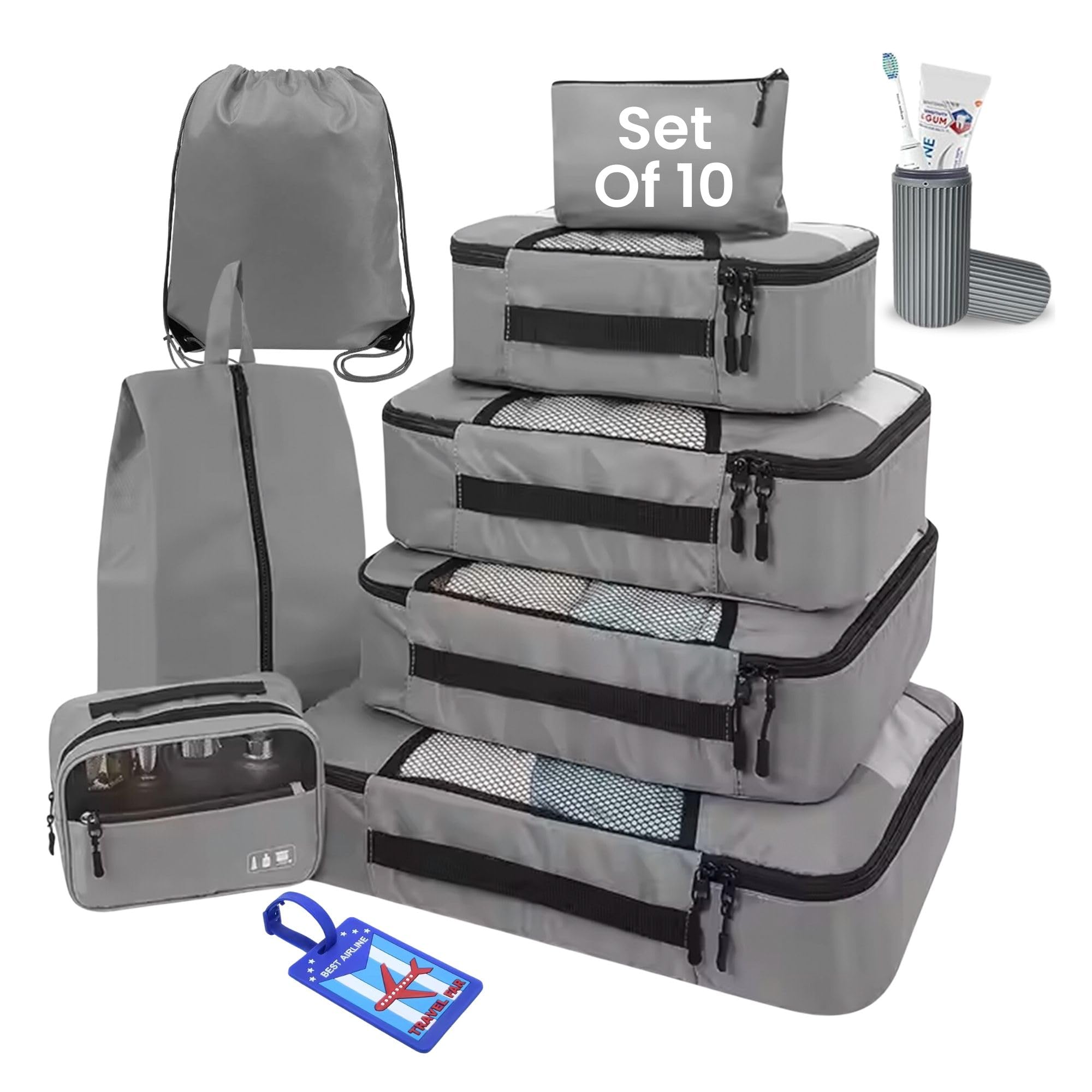 Oceanevo Set of 10 Packing Cubes with Luggage Tag and Toothbrush Holder, Travel Organiser Bags for Luggage, Suitcase Organizer for Travelling for Clothes, Shoe and Lingerie - Model 2.0 - Grey