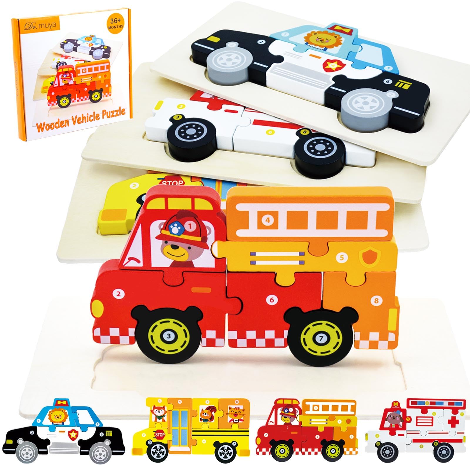 Puzzle in Legno per Bambini 2 3 4 5 Anni, Giocattolo Montessori Educativo, 4 PCS, Auto della Polizia e Auto dei Pompieri, Regalo per Ragazzi