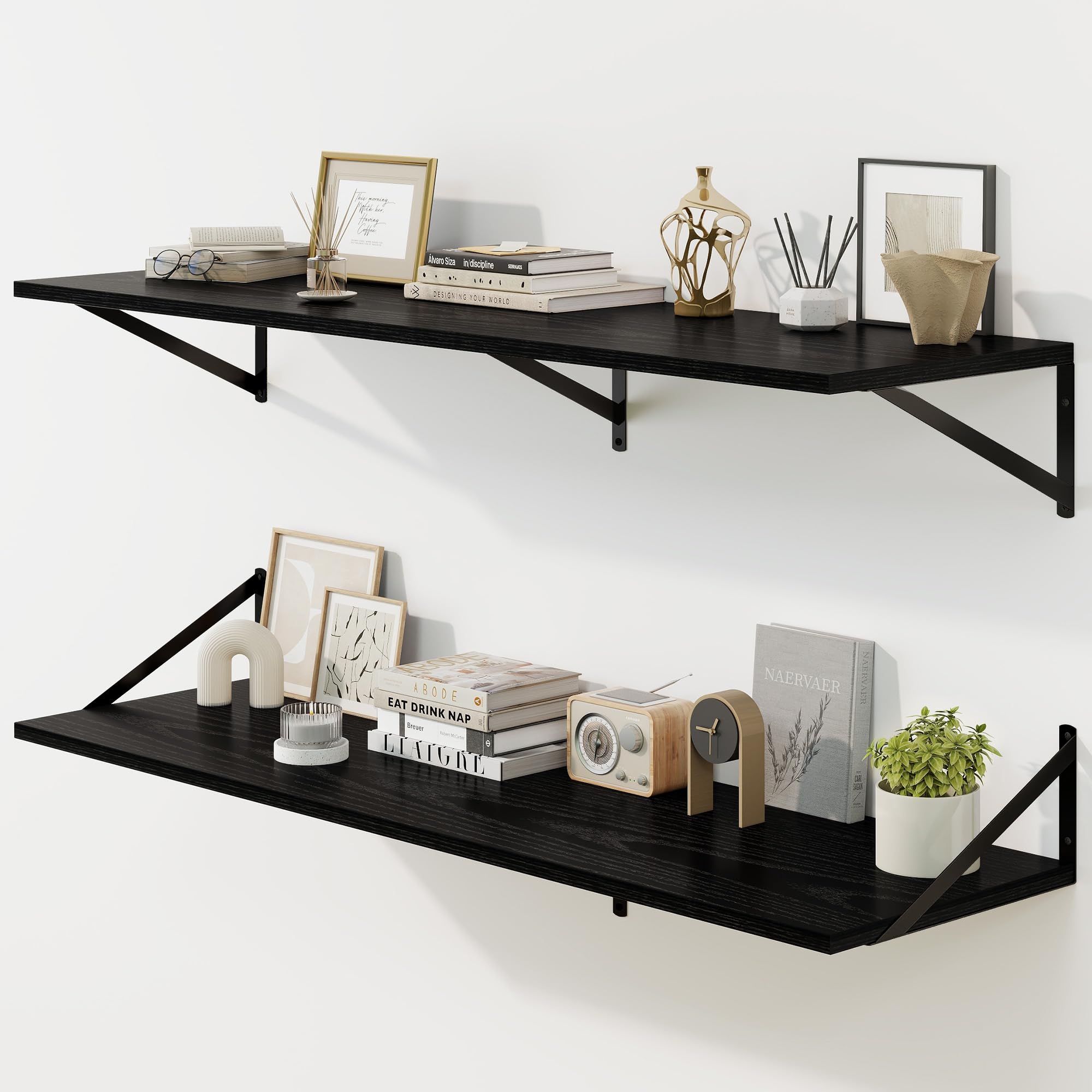 Fun Memories Floating Shelves for Wall, 30 cm Deep Floating Shelves Set of 2, 120 x 30 cm Large Wall Shelf with Sturdy Metal Brackets for Living Room, Bathroom, Bedroom and Kitchen, Black