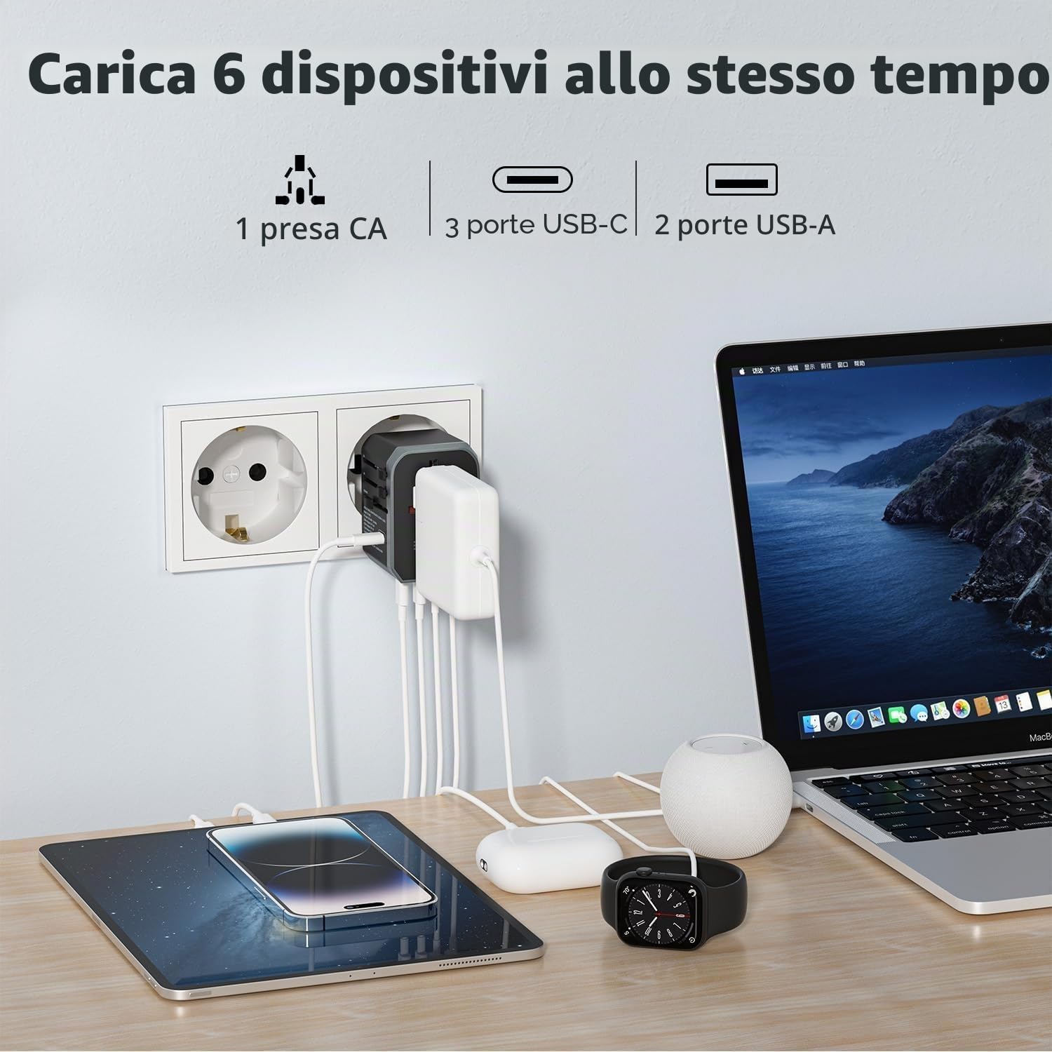 EPICKA Adattatore Universale da Viaggio 30W, Adattatore Presa Universale da Viaggio, Adattatore Giappone da Viaggio con 3 USB-C, 2 USB-A, Adattatore Spina per Italia USA UK Australia, Nero
