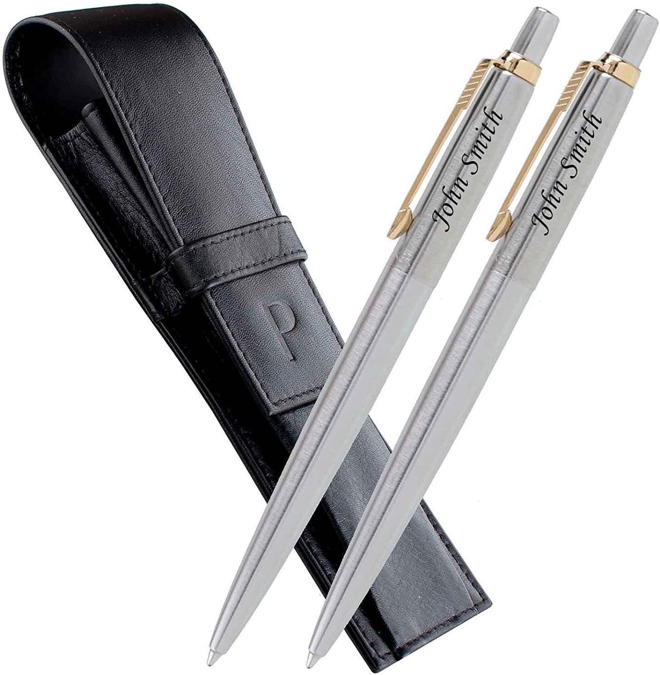 Laser Engraved Personalised Set 2 x Ballpoint Pens PARKER Jotter Silver/Gold Trim and Genuine Leather Pen Case Pouch – with Your Text