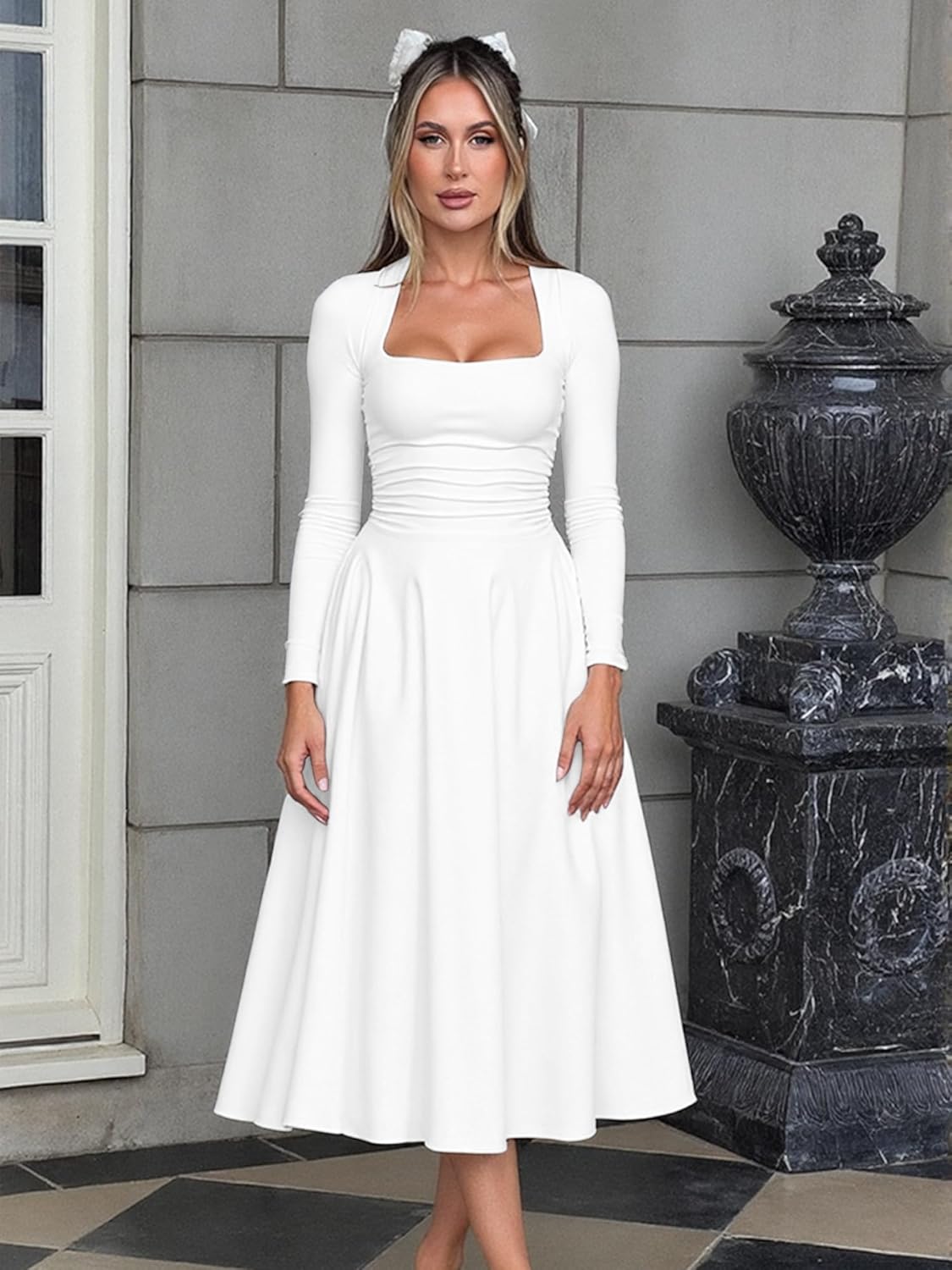 Kaximil Women's Long Sleeve Square Neck Corset A Line Maxi Dress Ruffle Flowy Formal Long Dresses - Image 4