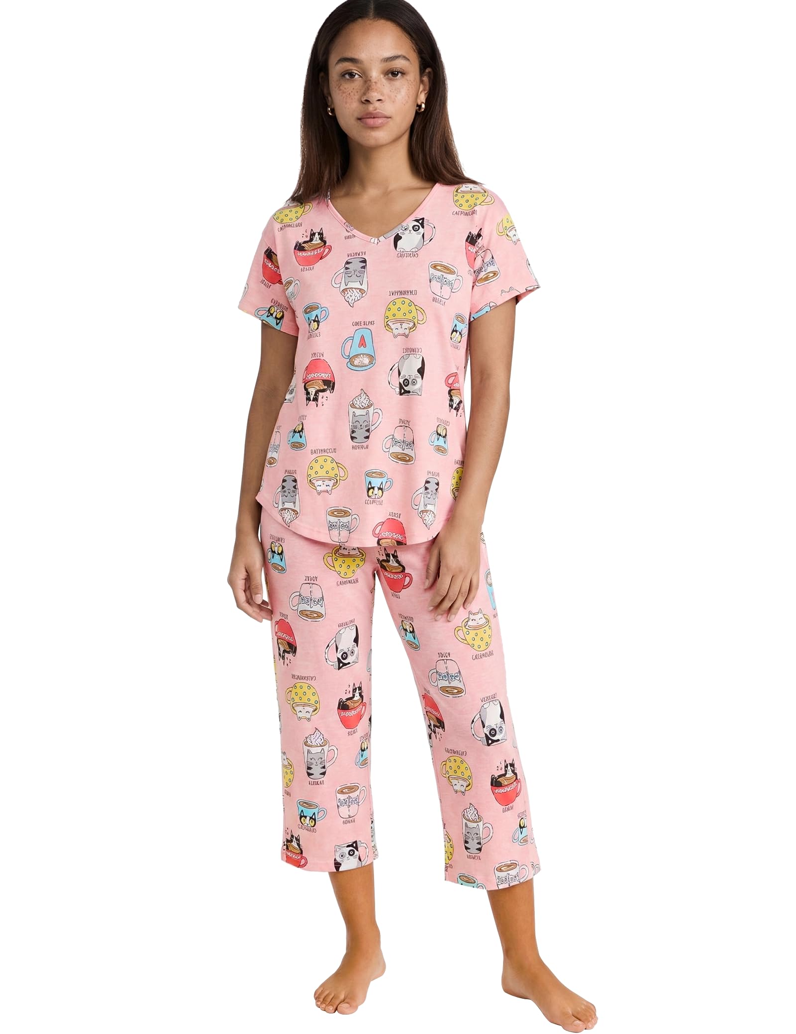 CHUNG Women Cotton Pajama Sets Sleepwear pjs Short Sleeve Shirt Capri Length Crop Pants Cute Vivid Print