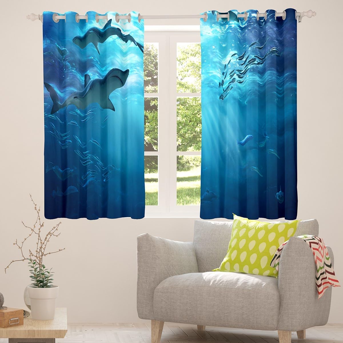 Feelyou Kids Shark Curtains for Bedroom Living Room Ocean Sea Animal Darkening DreapesSea Underwater World Decor Blackout Curtains Aquatic Animal Printed Window Treatments 2 Panels, 42 x 63 Inch