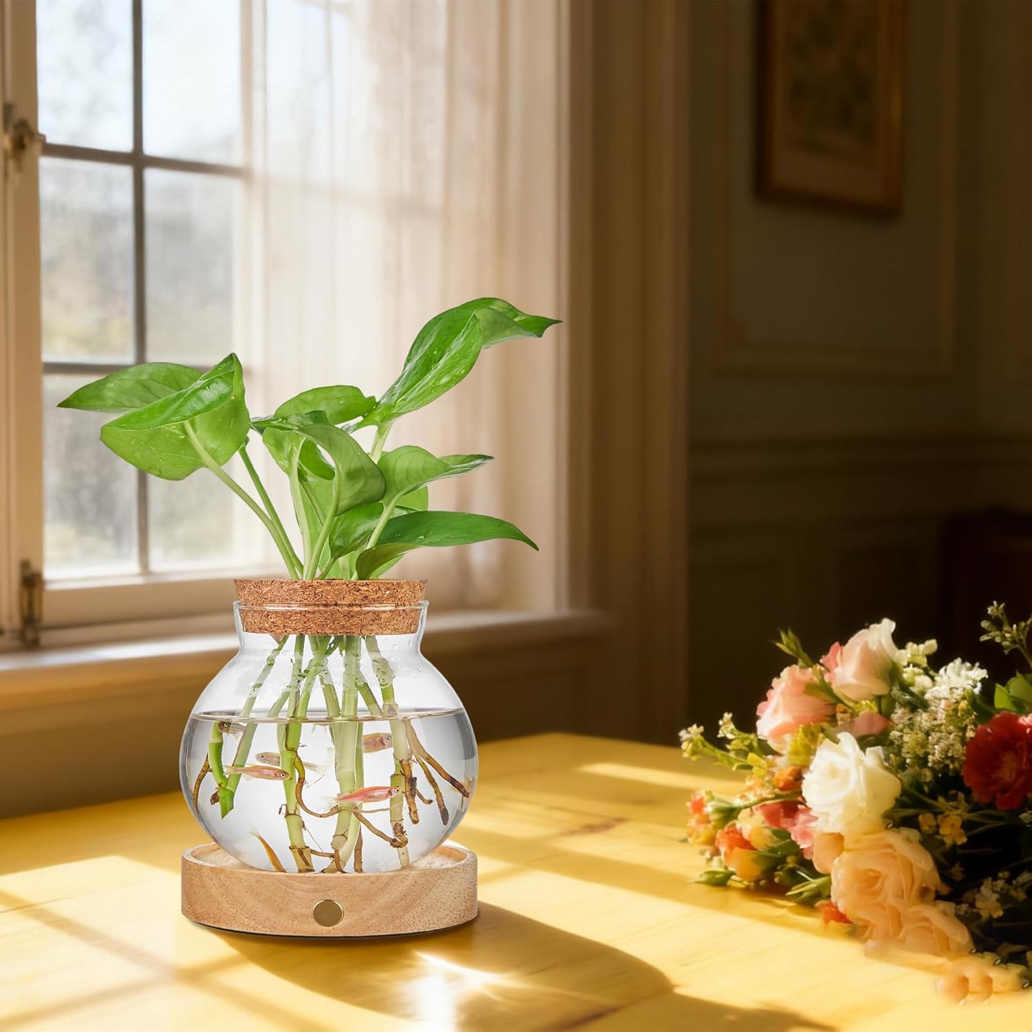 Plant Propagation Station with Wooden Saucer, Glass Terrarium with Stepless Dimming Function Hydroponic Glass Container Vase Jars Gardening Gifts for Mom Women Plant Lovers(2 Pack) - Image 6