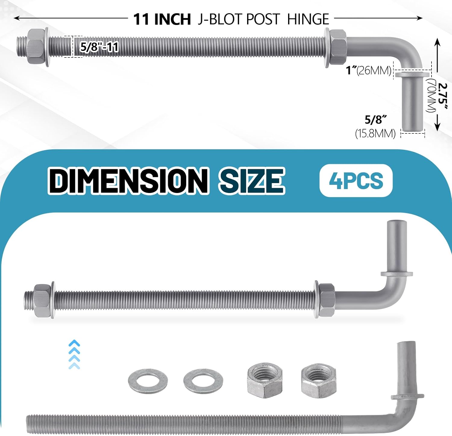 4 Pack 11" J-Bolt Gate Hinges with 5/8"-11 Galvanized J Bolt Threaded Hinges for Cattle Corral Panels, Chain Link Fence, Include Nuts Washers