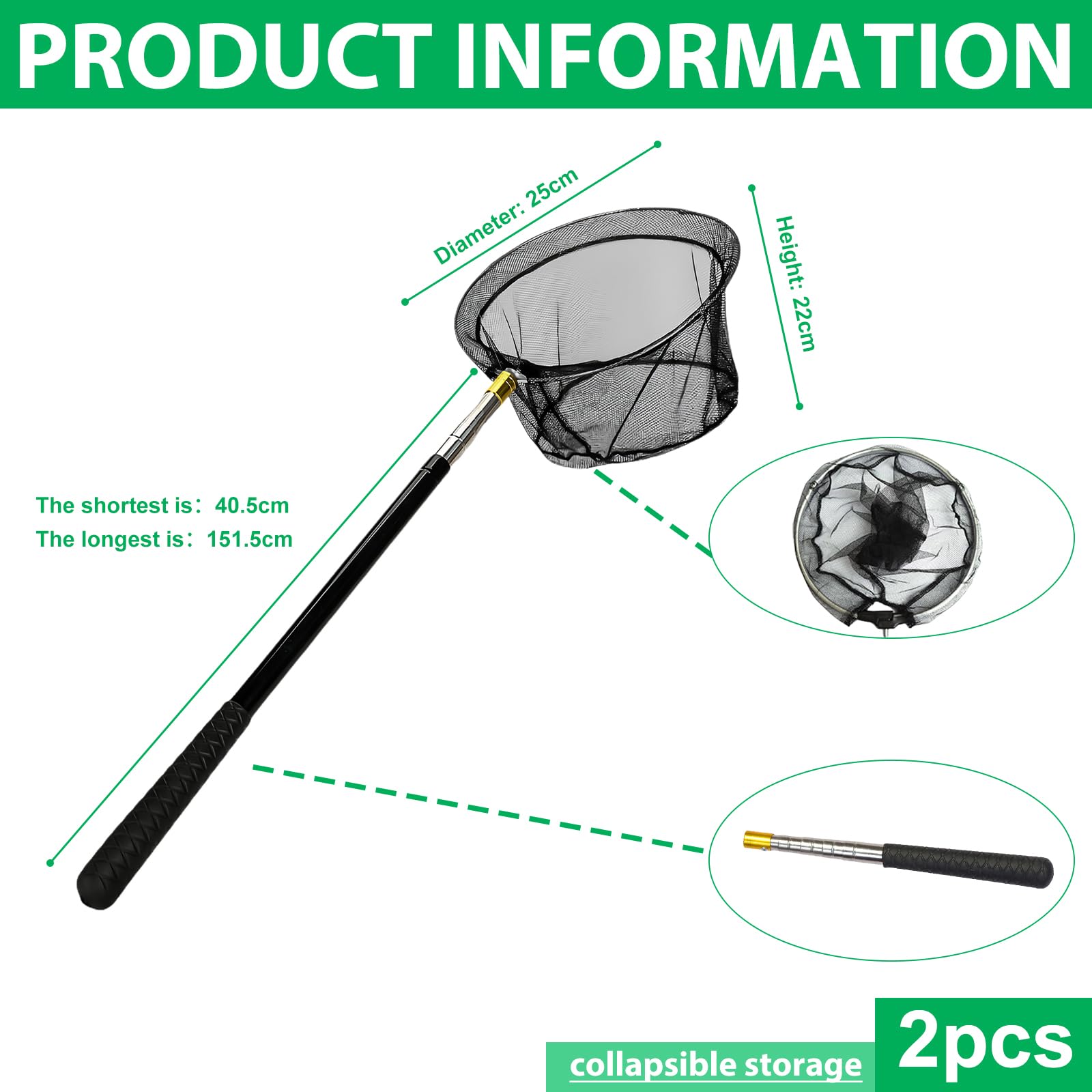 Schmetterlingsnetz Fischerkescher, 2 Stück Unterfangkescher Angelkescher, Kescher Angeln, Teleskopierbar Fischkescher, Ausziehbar von 40.5 bis 151.5cm für Garten Pool Outdoor Gartenaktivitäten