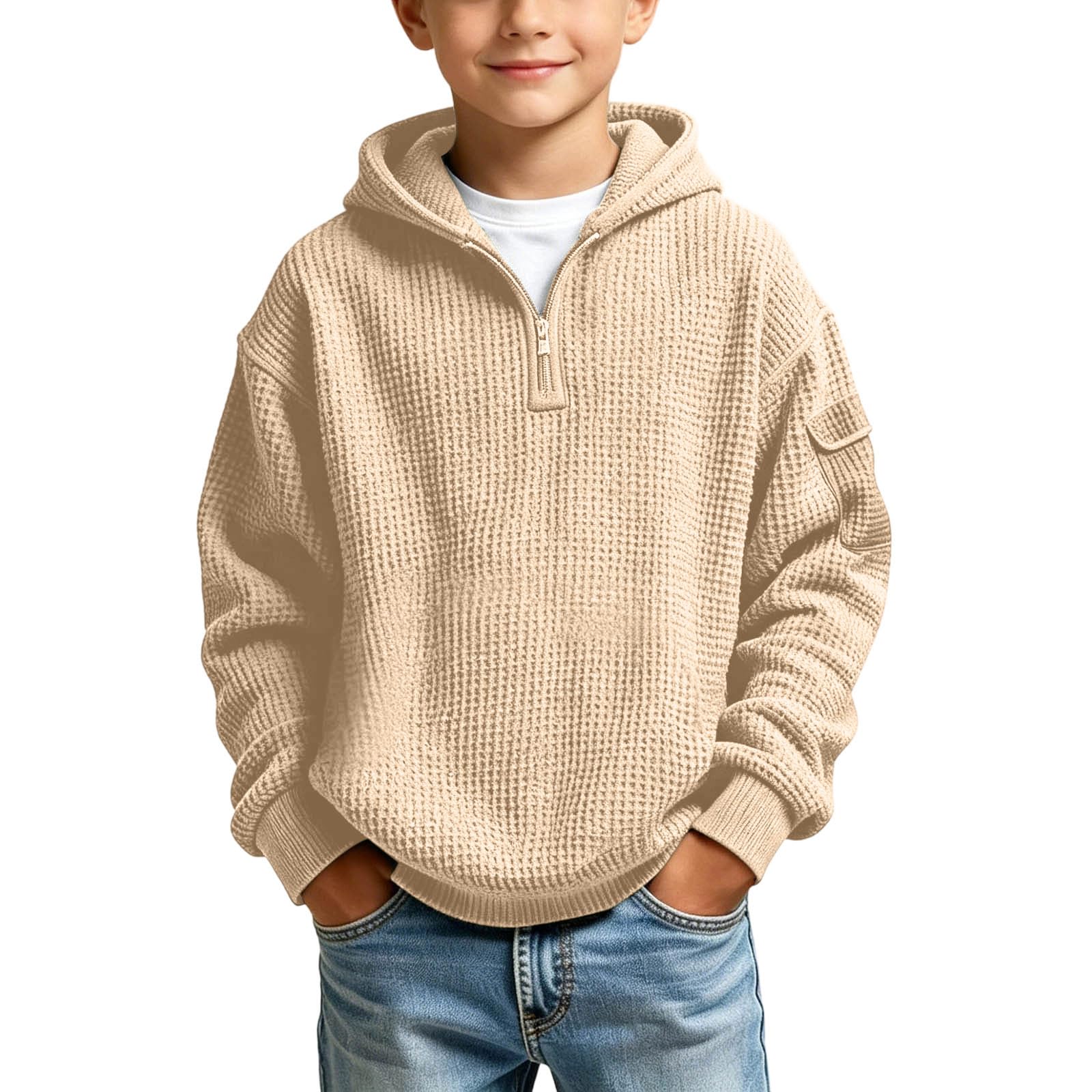 Hoodies for Boys Quarter Zip Waffle Knit Pullover Hooded Sweatshirt Tops