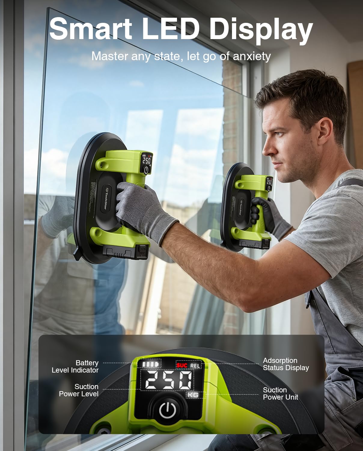 Taskstar Ventosa Elettrica: Ventosa a Batteria da 25cm per Piastrelle con 4x Batteria da 3000mAh - Carico verticale 250 kg - Display LCD, Sollevatore a Vuoto Senza Fili per Piastrelle (Verde)