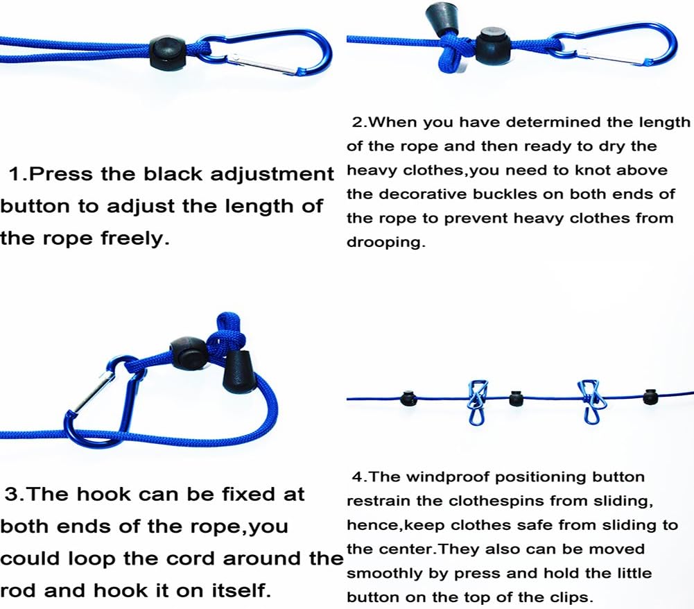 Travel Clothesline,4m/13ft Portable Retractable Adjustable Clothes Line Rope with 1 Waterproof Bag, 12 Clothespins, 13 Anti-Skid Clips for Outdoor and Indoor(Blue)