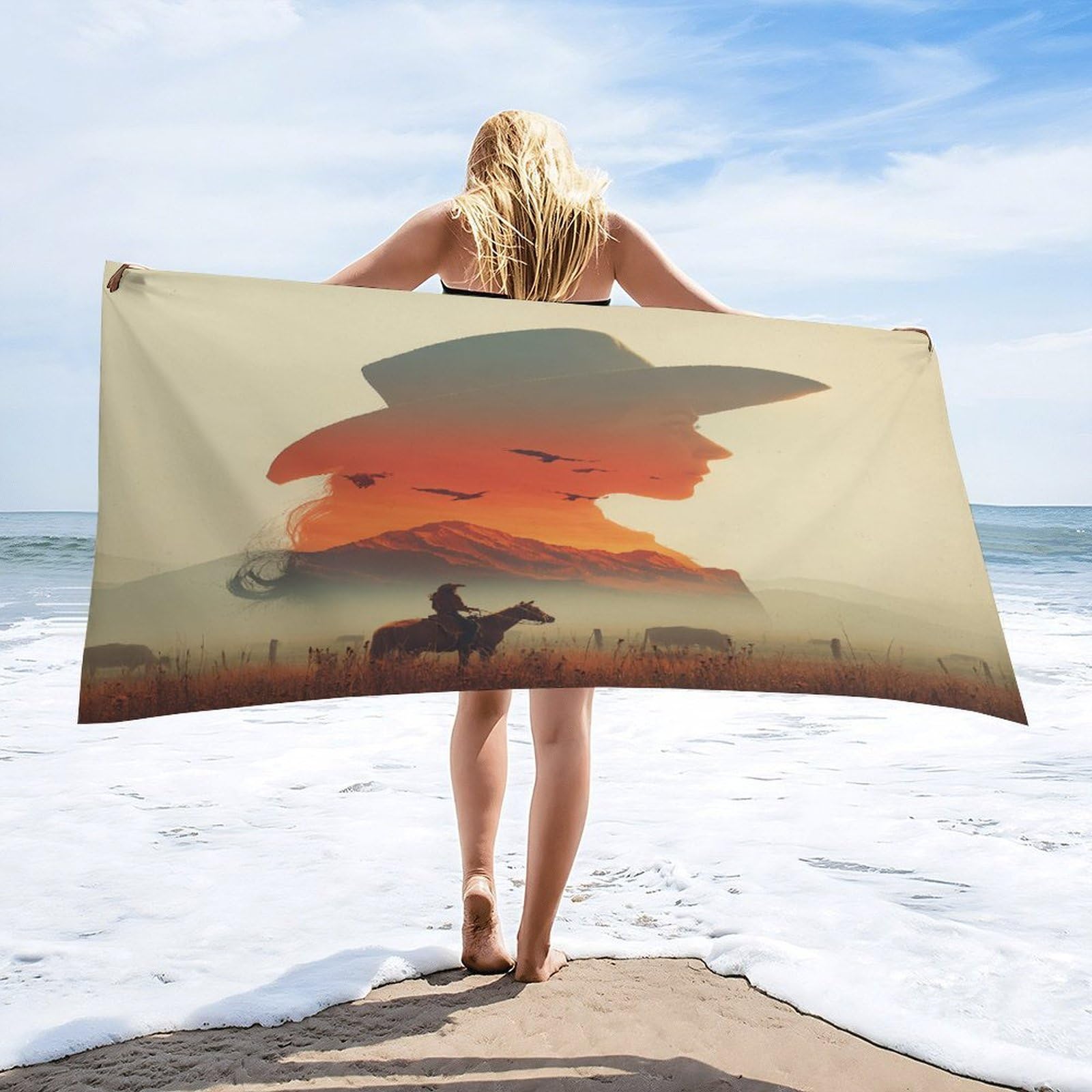 Luyysky Vintage Modern Cowgirl Silhouette Quick-Drying Beach Towel, Classic Western Sunset Cowboy Theme Animal Horse Bird Travel Vacation Single Sided Pile Bathroom Towels-80 W Cm X 160" L Cm