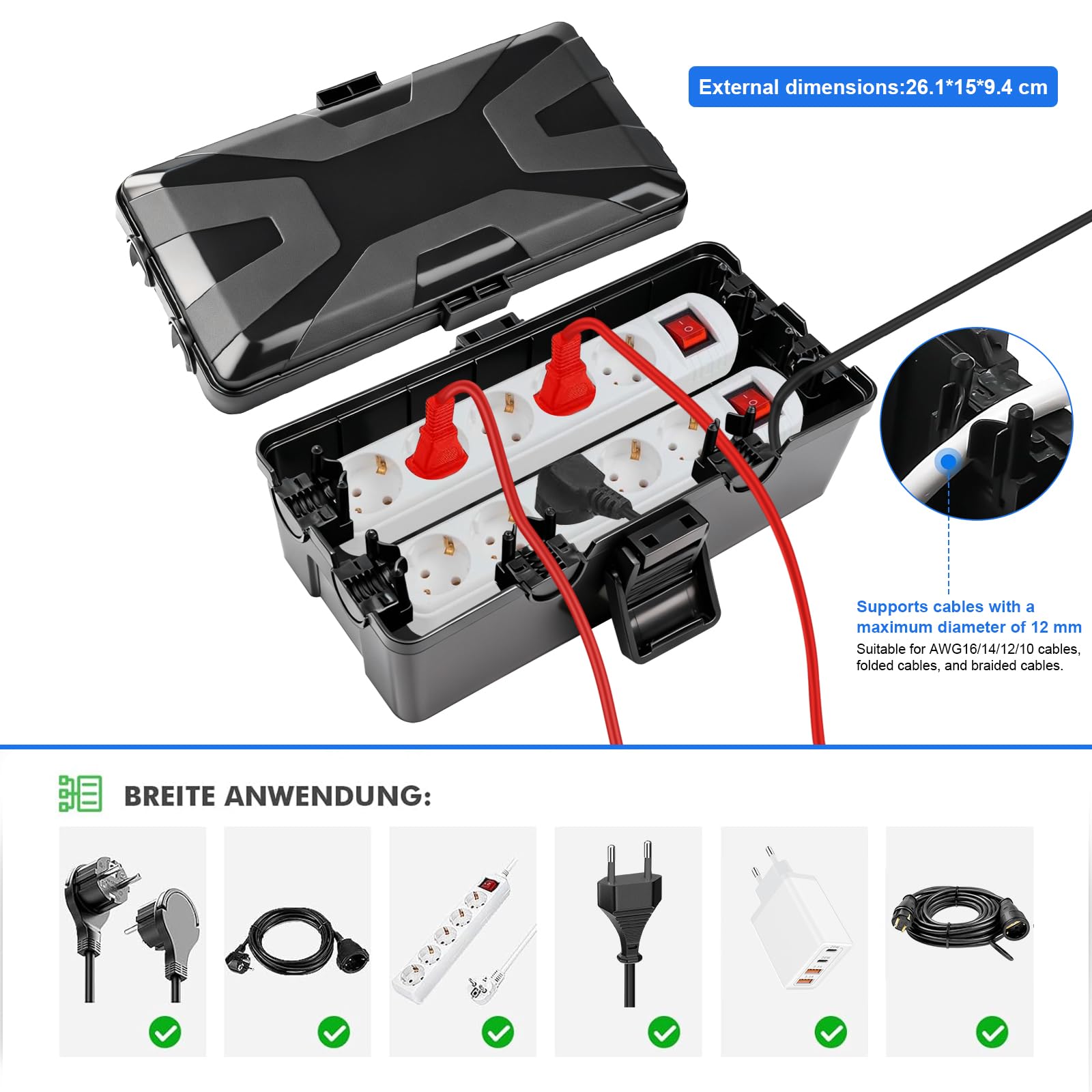 Kabelbox Wasserdicht, IP54 Außensteckdose Wasserdicht Verteilerdose Außen Wasserdicht 6 Kabeleingänge Ausgänge Wetterfeste Verlängerungskabel Abdeckungen Wasserdichte Kabelbox Schwarz 26.1x 15x 9.4cm