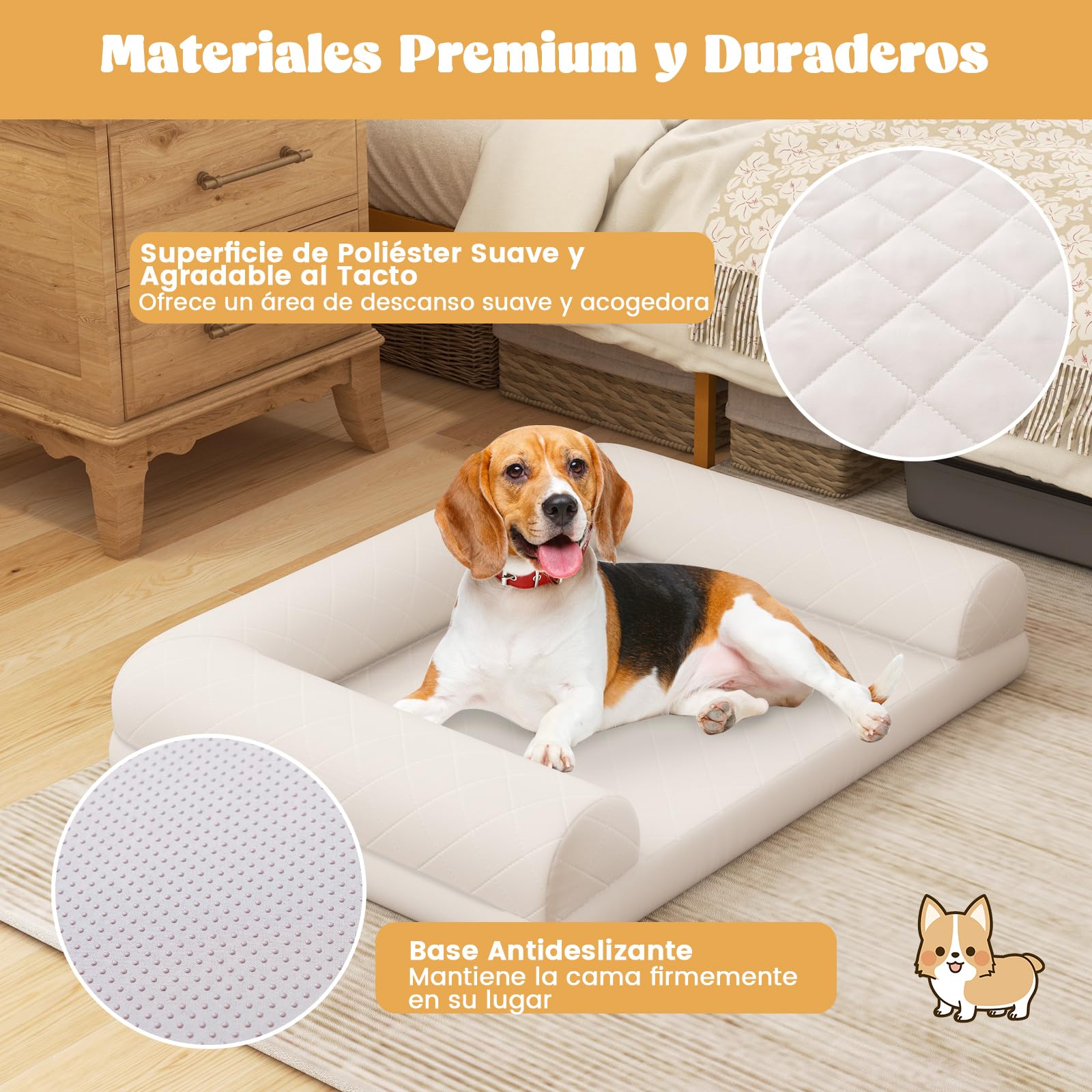COSTWAY Cama Perros Medianos y Pequeños, 90x69x18 cm, Cama Ortopédica para Perros con Espuma de Huevo y Cojín de 3 Lados, Base Antideslizante, Sofá para Mascotas, Desenfundable y Lavable (Beige)