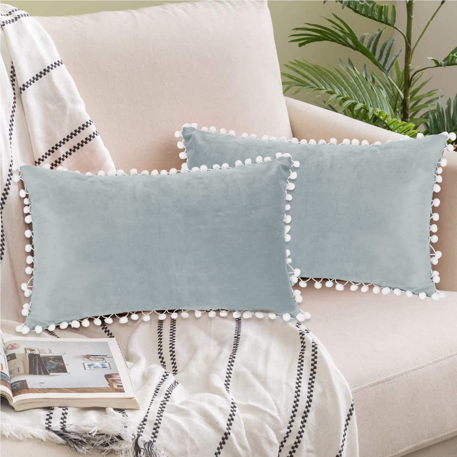 AdecoPack of 2 Boho Decorative Throw Pillow Covers with Pom-poms, Soft Accent Rectangular Cushion Case Set for Couch Sofa Bed Car Living Room, 12x20 Inch, Light Gray