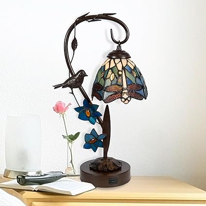 Dale Tiffany Dale Tiffany Traditional Tiffany Style Desk Lamp 18" Tall Bird Vine Dragonfly USB-Port Antique Bronze Finish Handcrafted Genuine Art Glass Shade for Home Décor, Living Room, Bed Room & Office photo 2