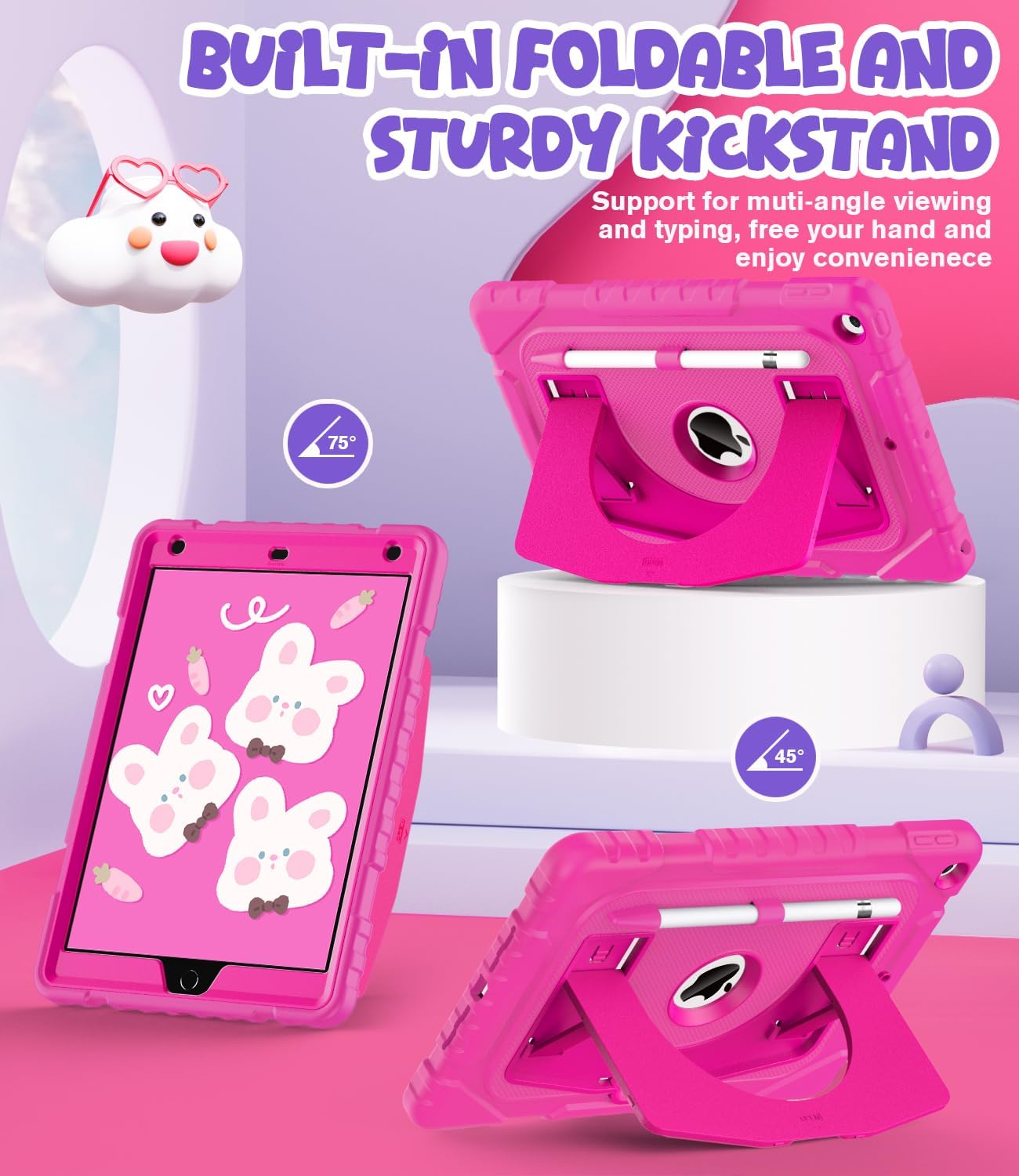 OKP Case for iPad 9th/ 8th/ 7th Generation 10.2 Inch (2021/2020/2019), Shockproof Rugged Heavy Duty i Pad 9 8 7 th Gen Protective 10.2'' Cover with Pencil Holder/Kickstand, Hot Pink