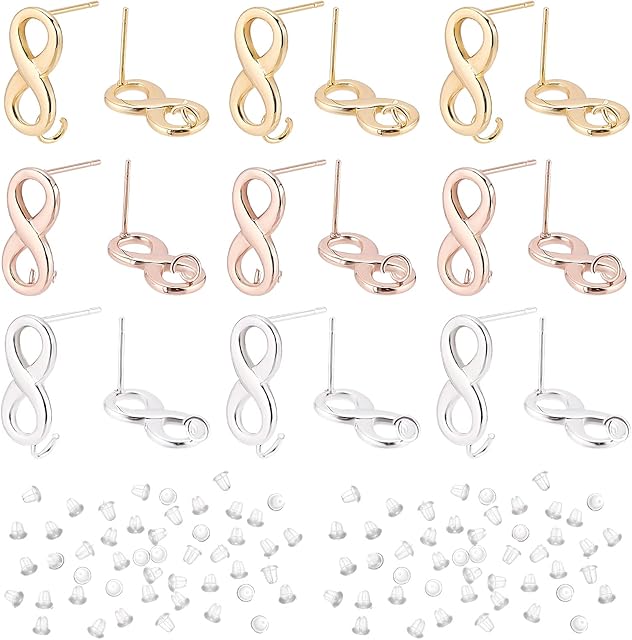 DICOSMETIC 18Pcs 3 Colors Infinity Symbol Stud Earring Eternity Eight 8 Twisted Studs Click-Top Drop Earring Endless Earring Posts with Loop for Jewelry Earring Making, Hole: 2.5mm, Pin: 0.7mm