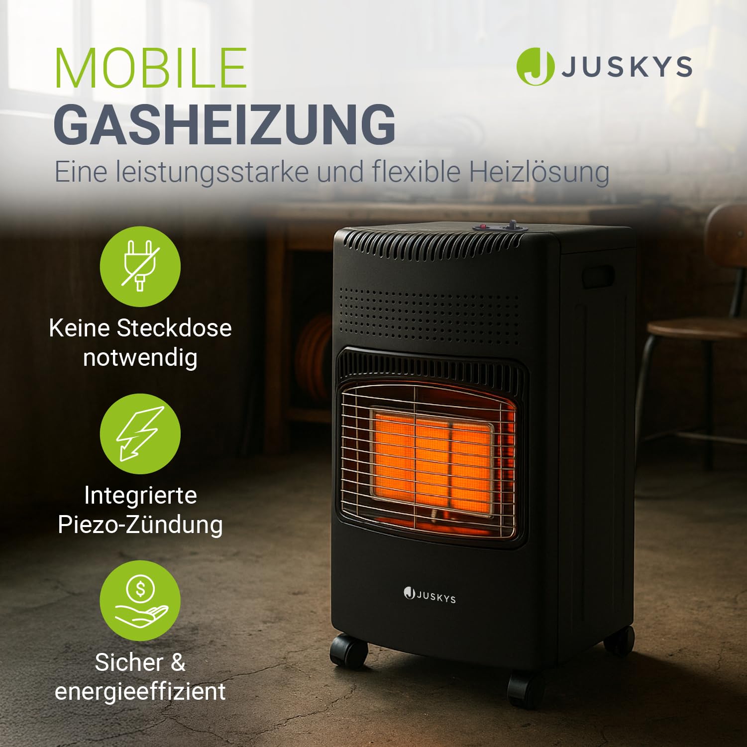 Juskys® Keramik Gasheizung GS42US in Schwarz - 4200 W mit Druckregler & Schlauch - Mobil, effizient & energiesparend - Gasheizer Gasheizofen Gasheizgerät