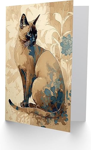Miniatura 5 de Artery8 Gato siamés con flores azules acuarela y tinta ilustración moderna arte cumpleaños sellada tarjeta de felicitación más sobre en blanco en el