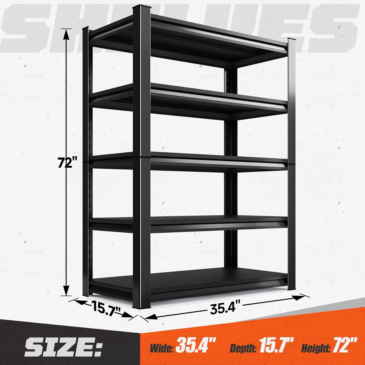 Garage Shelving, 5-Tier Garage Storage Shelves, 2500LBS Heavy Duty Shelves, 72" H x 35.4" W x 15.7" D Metal Shelving Unit, Utility Adjustable Storage Shelf for Warehouse, Basement, Closet